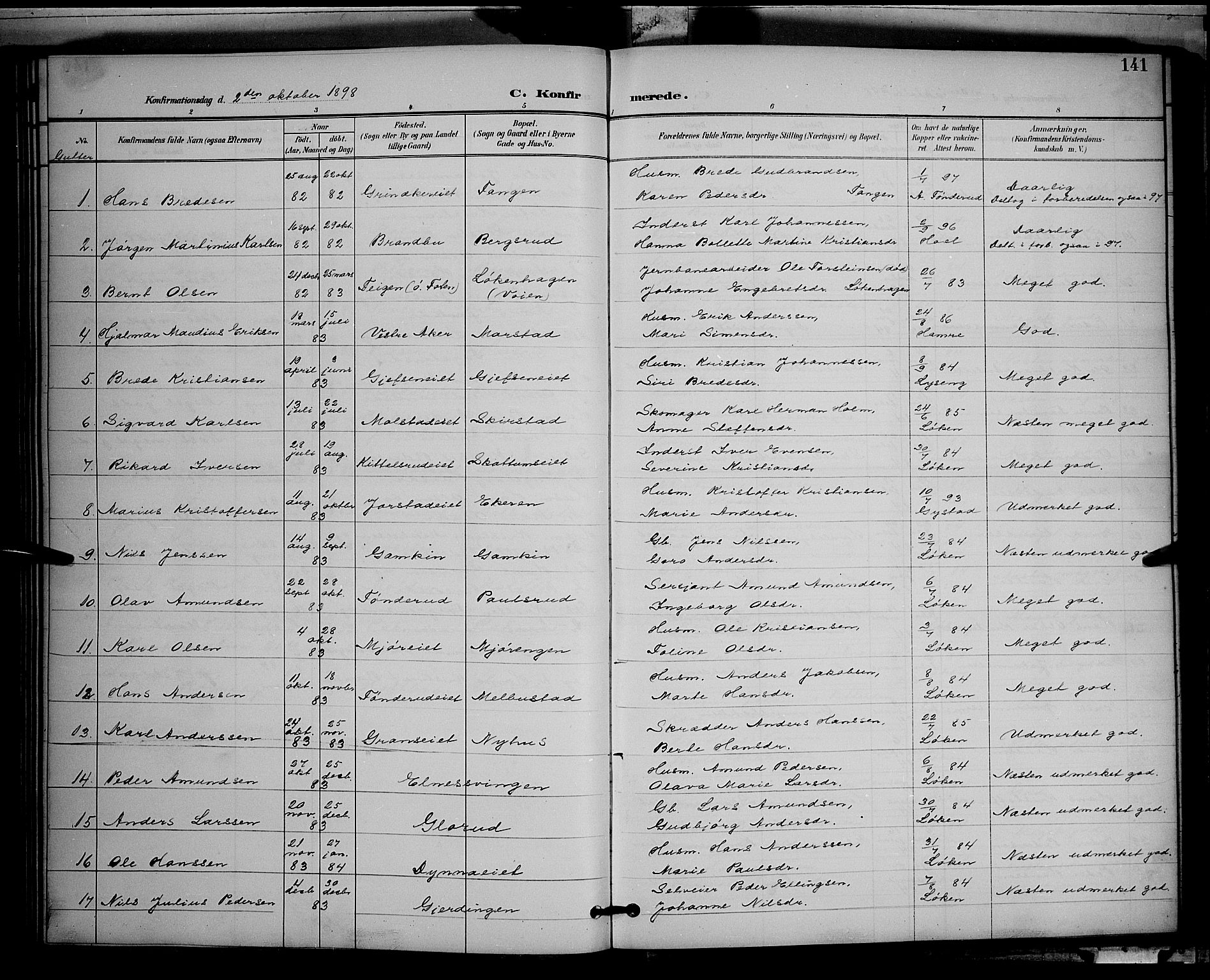 Gran prestekontor, SAH/PREST-112/H/Ha/Hab/L0005: Parish register (copy) no. 5, 1892-1900, p. 141