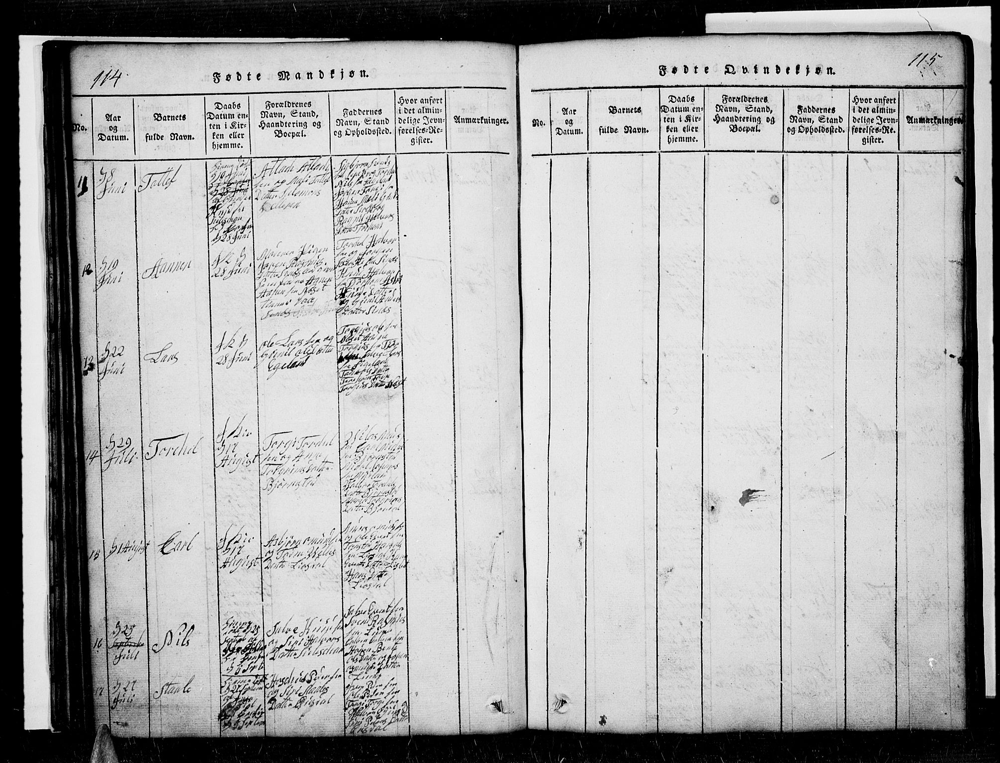 Sirdal sokneprestkontor, SAK/1111-0036/F/Fb/Fbb/L0001: Parish register (copy) no. B 1, 1815-1834, p. 114-115