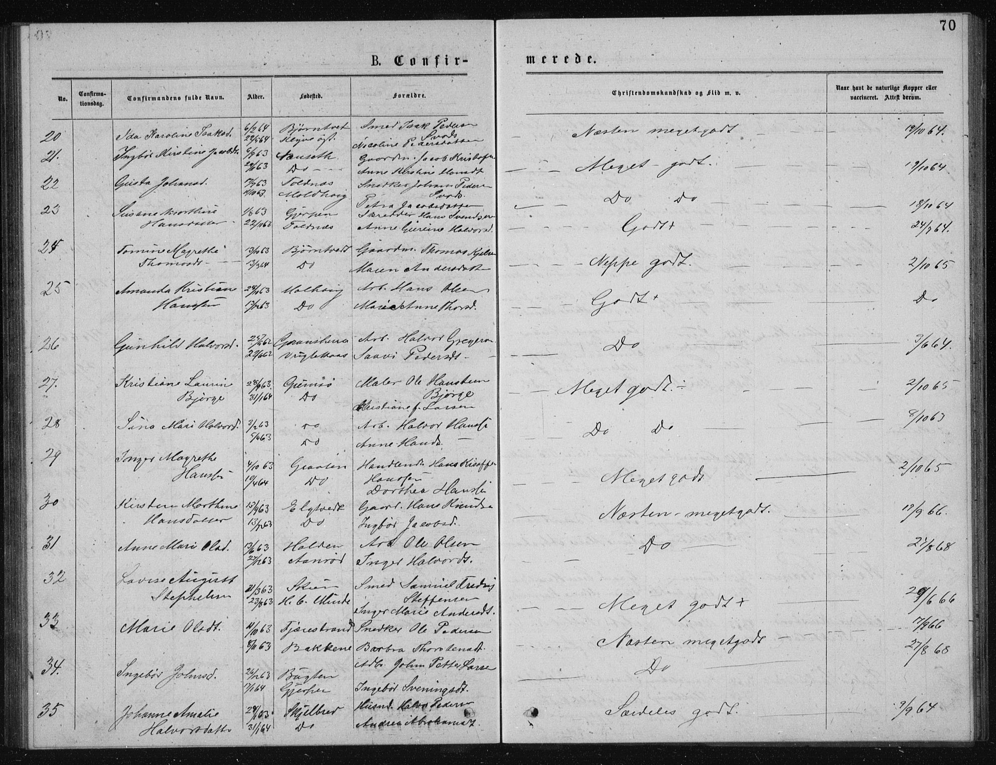 Solum kirkebøker, SAKO/A-306/G/Ga/L0005: Parish register (copy) no. I 5, 1877-1881, p. 70