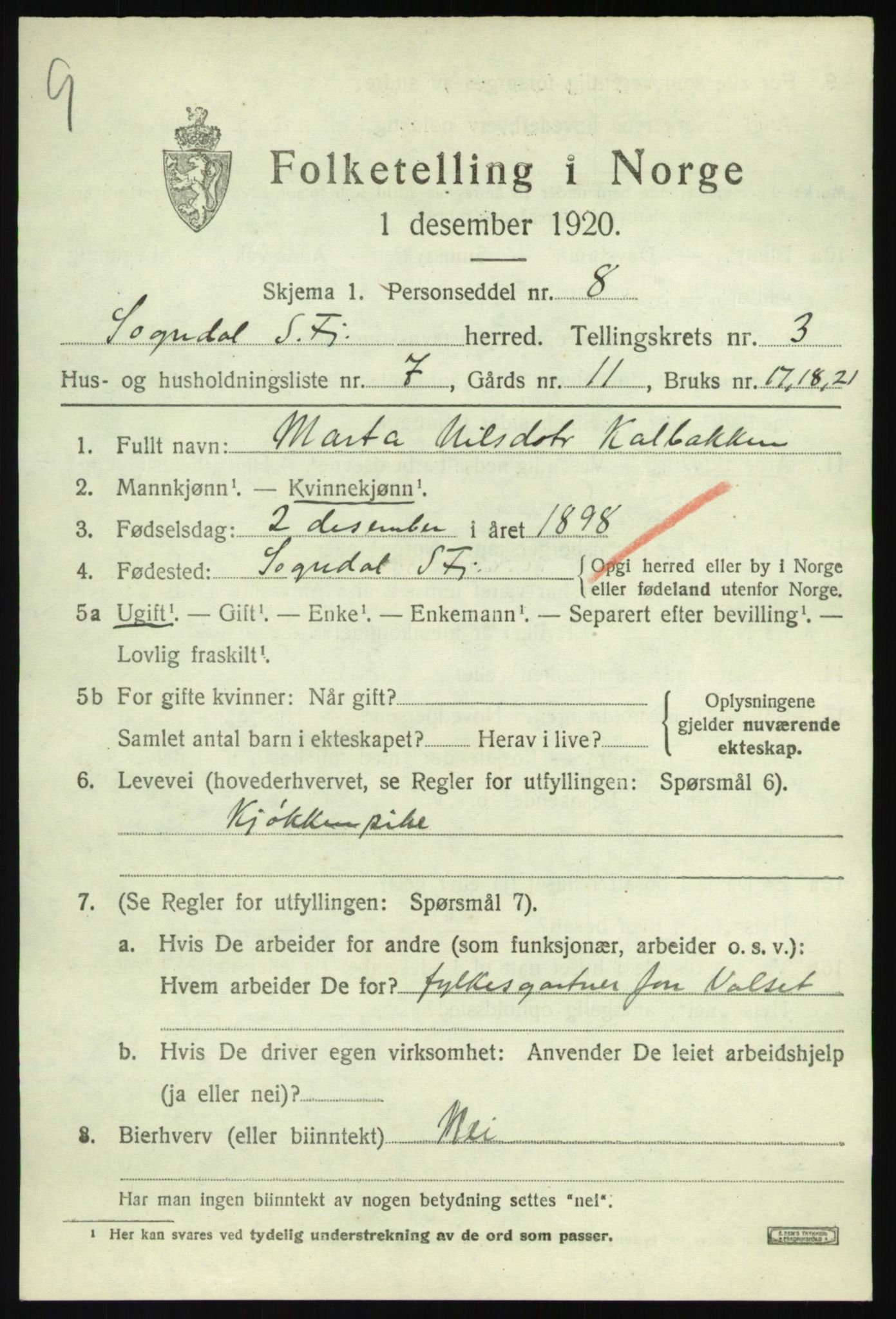 SAB, 1920 census for Sogndal, 1920, p. 2191