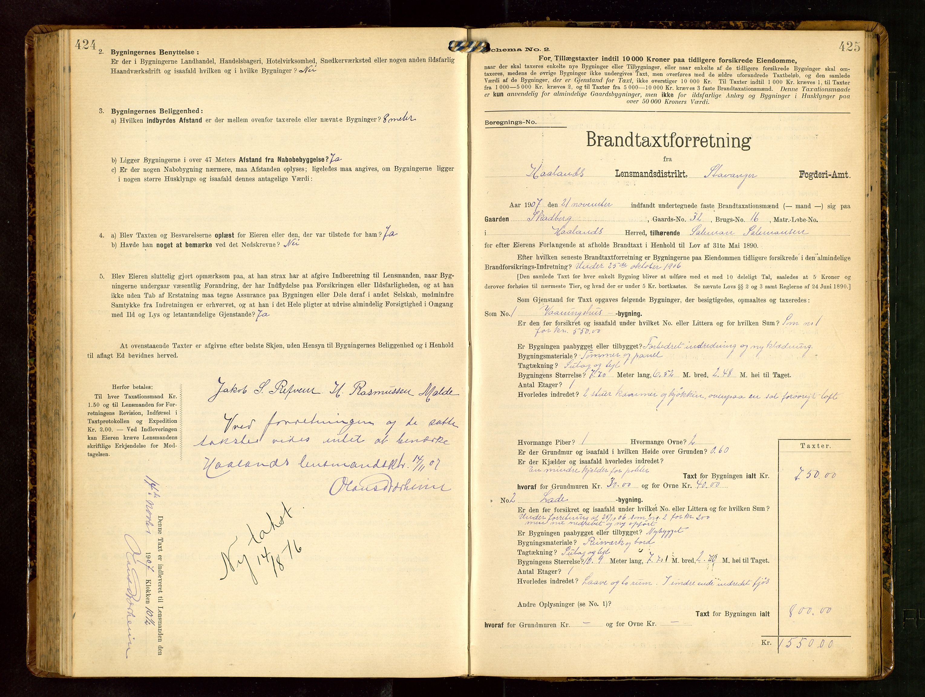 Håland lensmannskontor, SAST/A-100100/Gob/L0003: Branntakstprotokoll - skjematakst. Register i boken., 1909-1910, p. 424-425