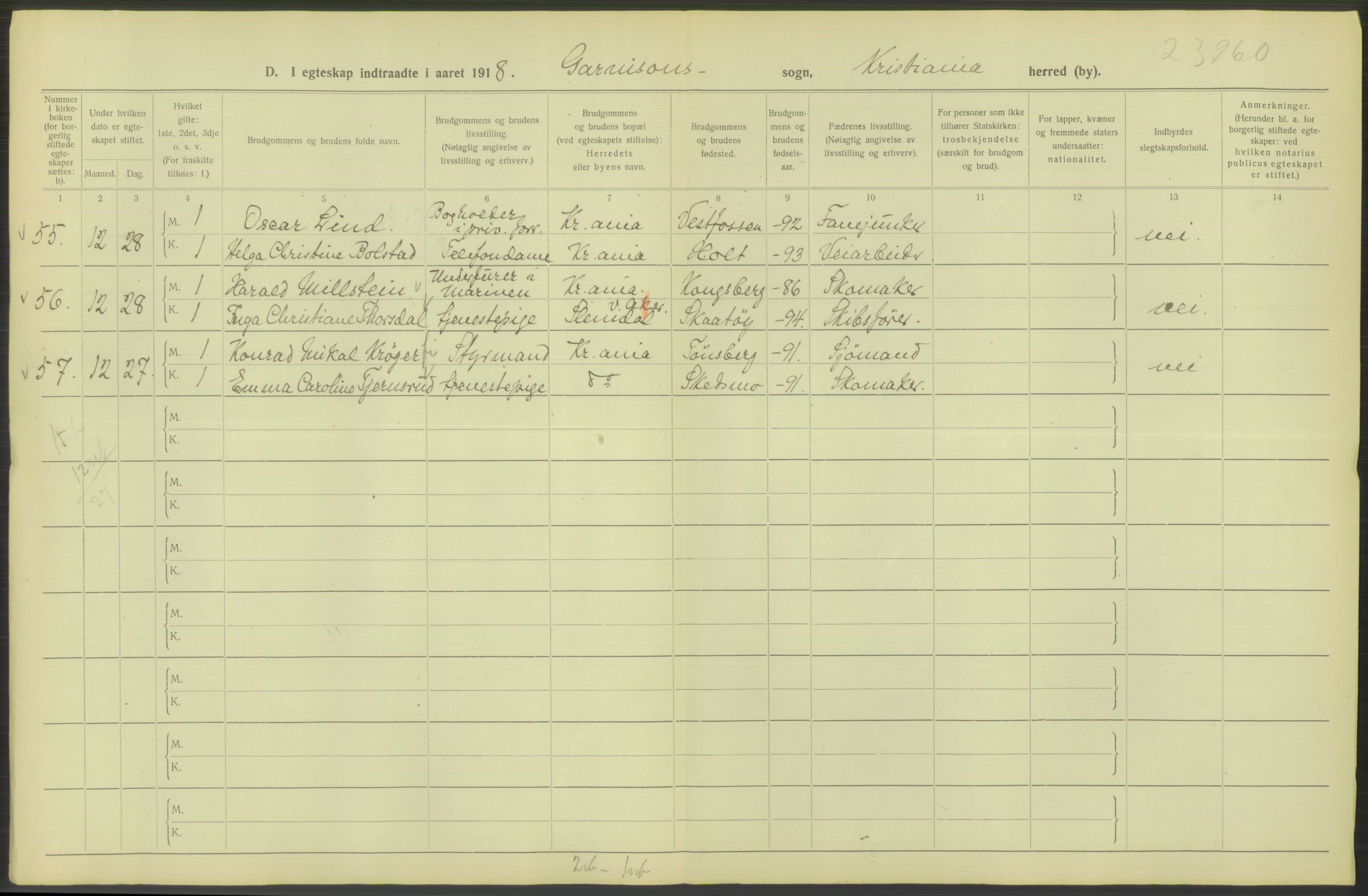 Statistisk sentralbyrå, Sosiodemografiske emner, Befolkning, AV/RA-S-2228/D/Df/Dfb/Dfbh/L0009: Kristiania: Gifte, 1918, p. 1036