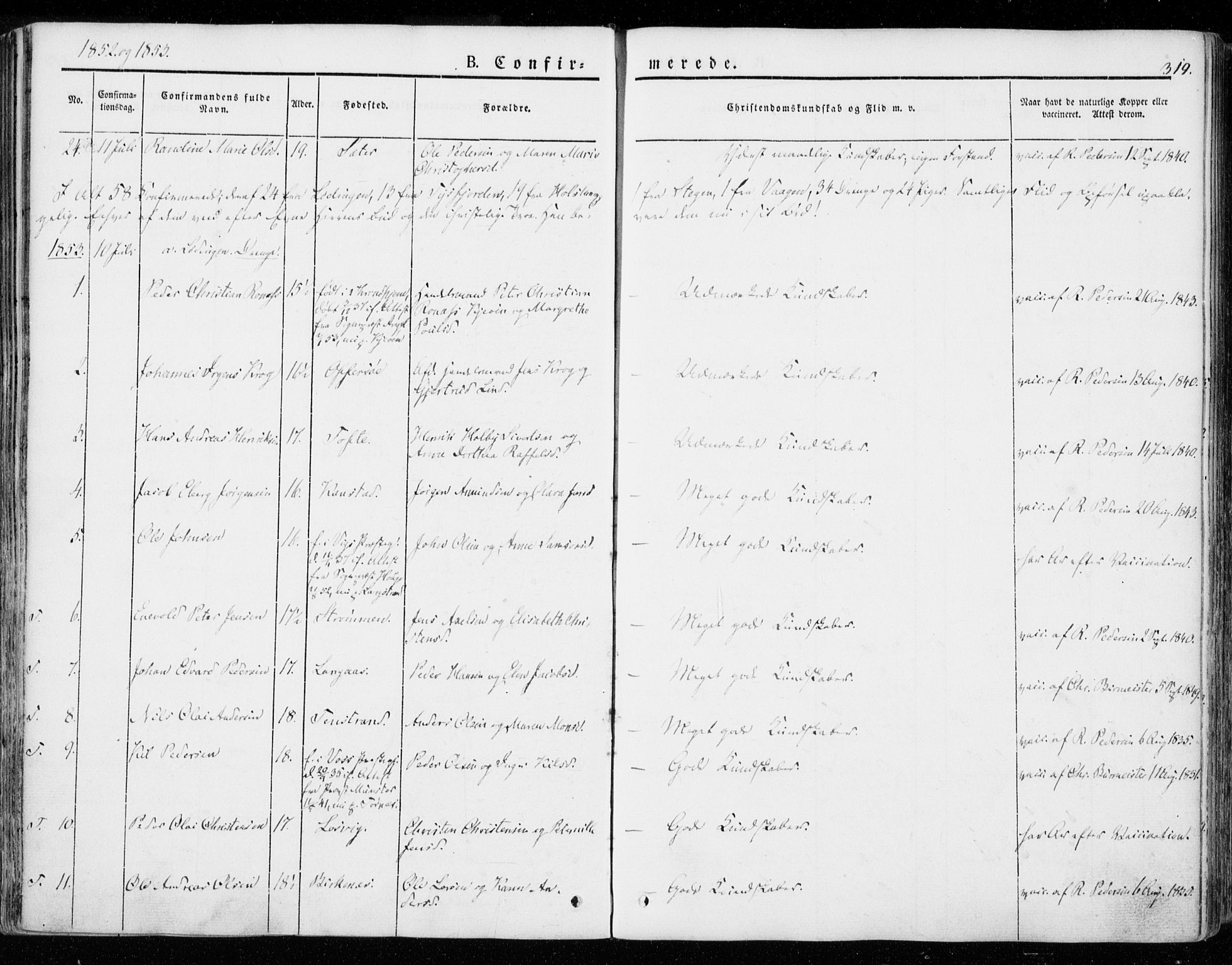 Ministerialprotokoller, klokkerbøker og fødselsregistre - Nordland, SAT/A-1459/872/L1033: Parish register (official) no. 872A08, 1840-1863, p. 319