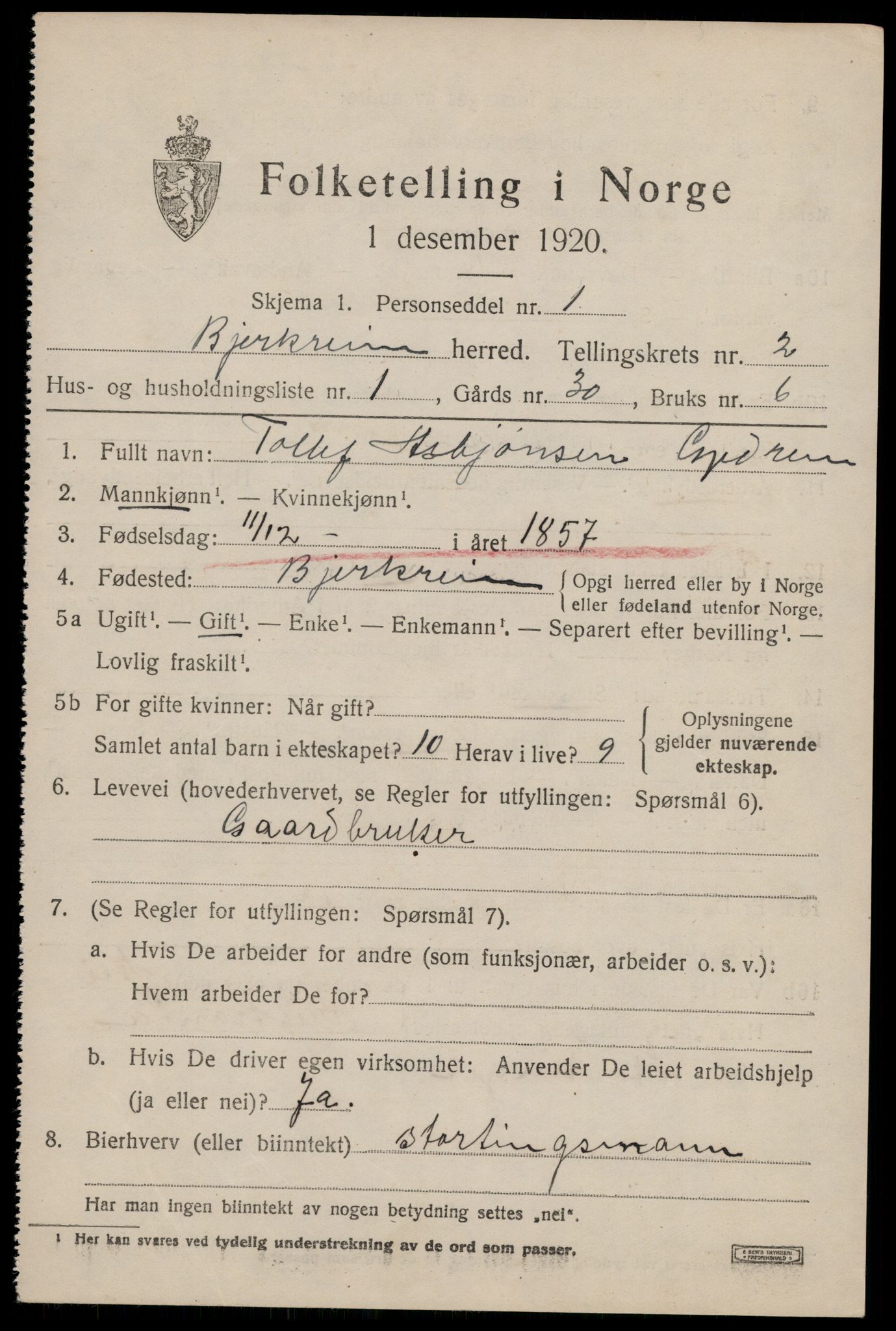 SAST, 1920 census for Bjerkreim, 1920, p. 864