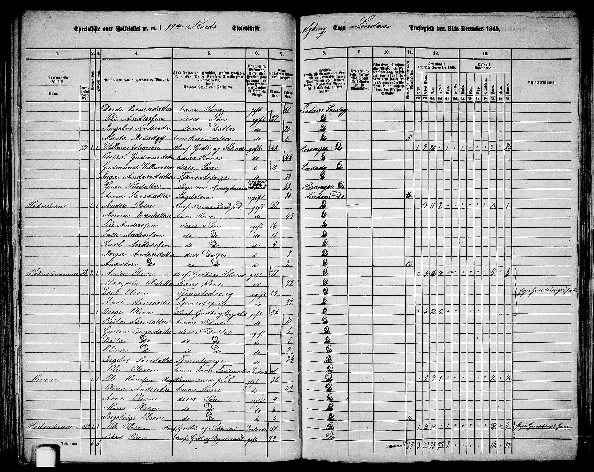 RA, 1865 census for Lindås, 1865, p. 135