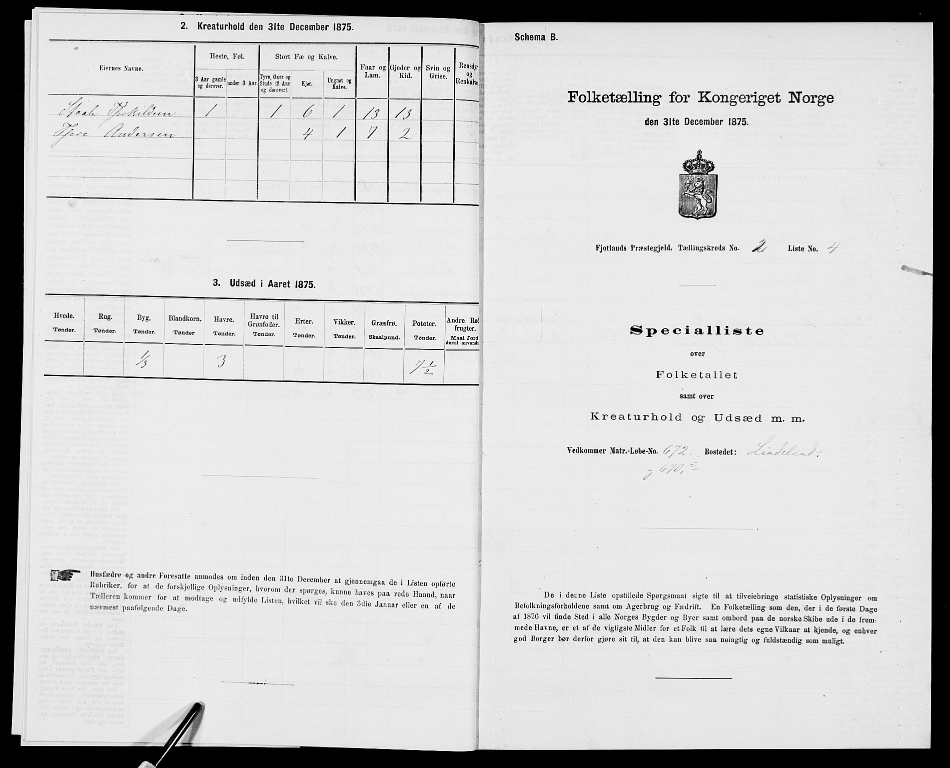 SAK, 1875 census for 1036P Fjotland, 1875, p. 120