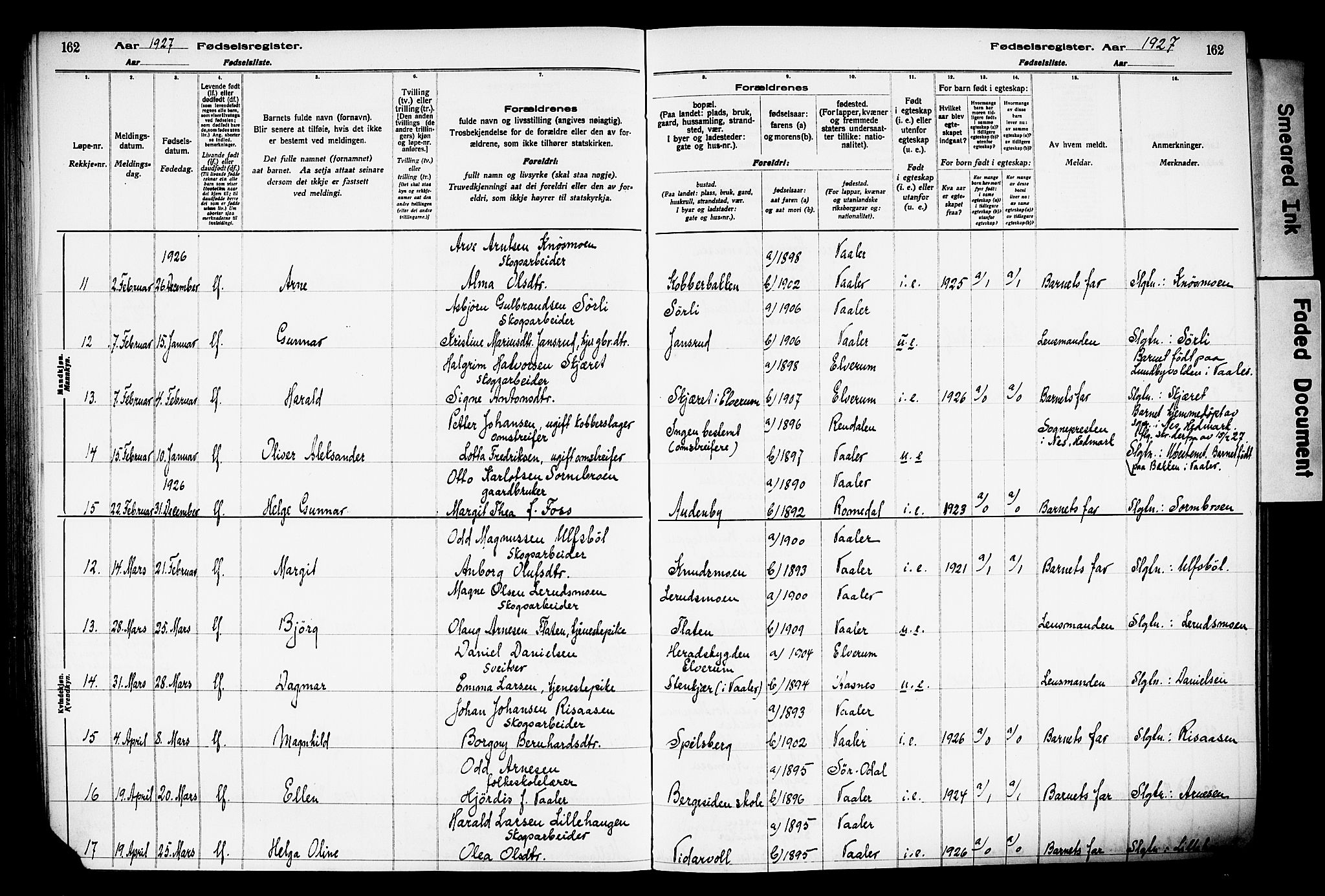 Våler prestekontor, Hedmark, AV/SAH-PREST-040/I/Id/L0001: Birth register no. 1, 1916-1930, p. 162