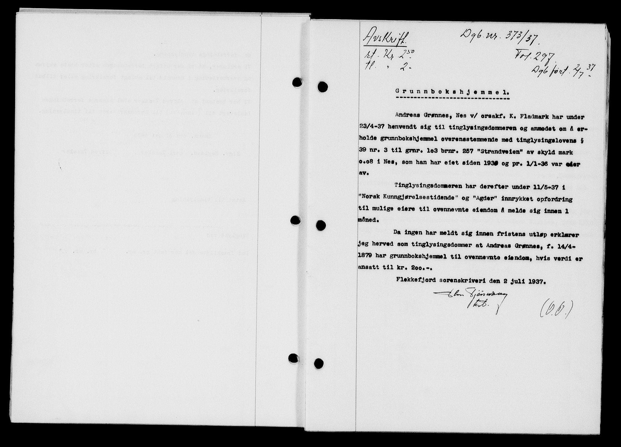 Flekkefjord sorenskriveri, SAK/1221-0001/G/Gb/Gba/L0053: Mortgage book no. A-1, 1936-1937, Diary no: : 373/1937