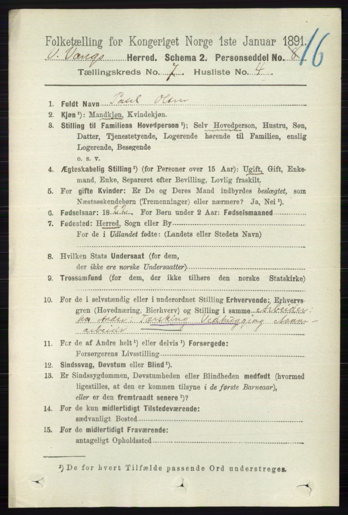 RA, 1891 census for 0545 Vang, 1891, p. 1446