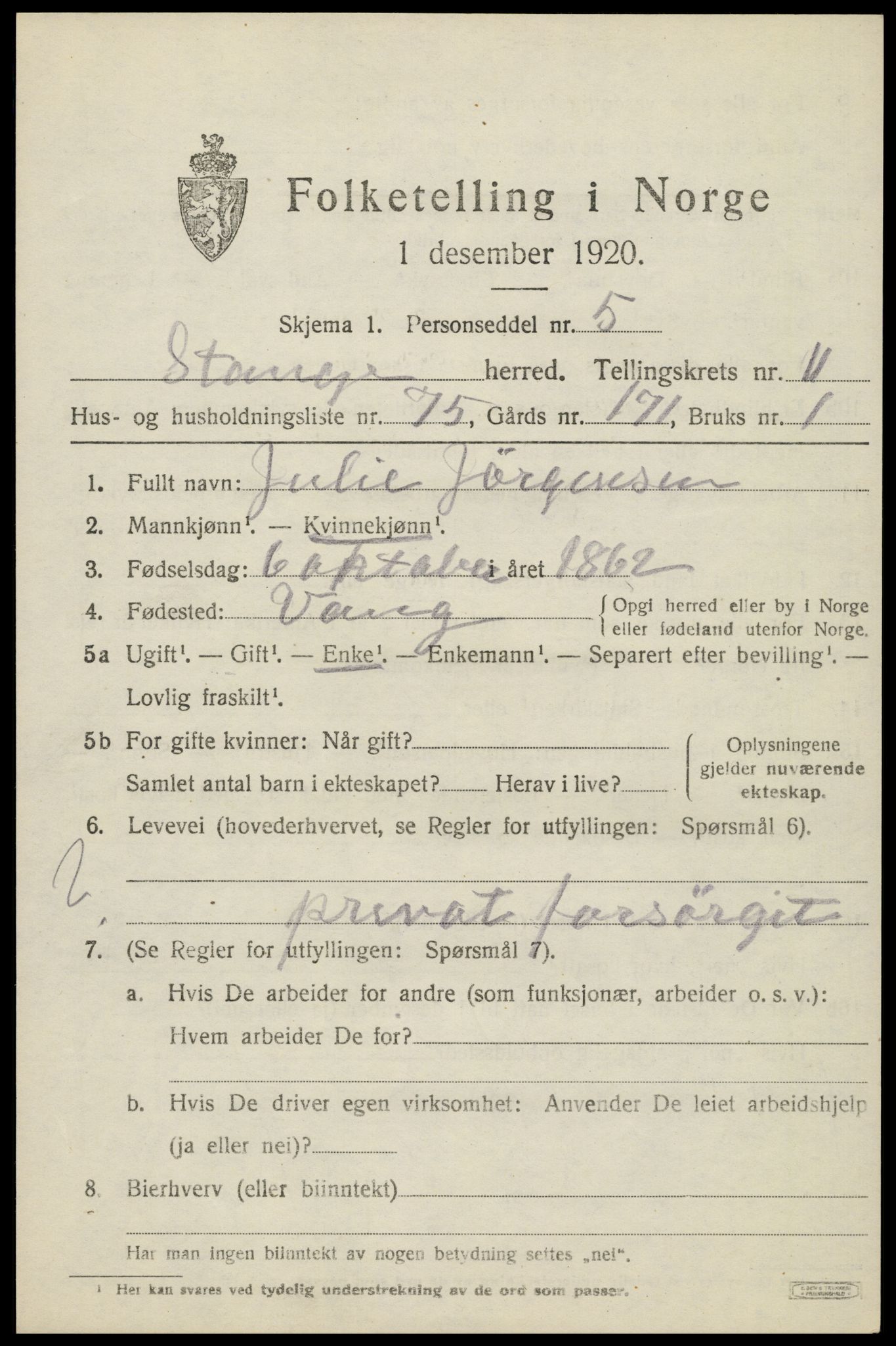 SAH, 1920 census for Stange, 1920, p. 17709