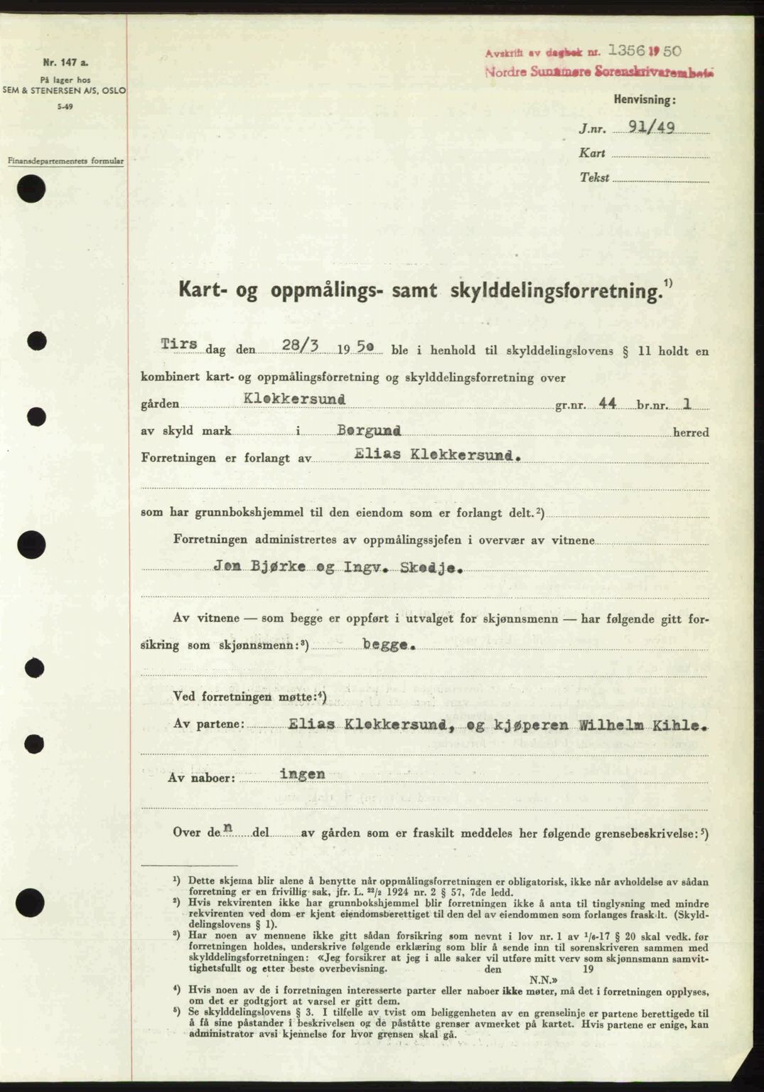 Nordre Sunnmøre sorenskriveri, SAT/A-0006/1/2/2C/2Ca: Mortgage book no. A35, 1950-1950, Diary no: : 1356/1950