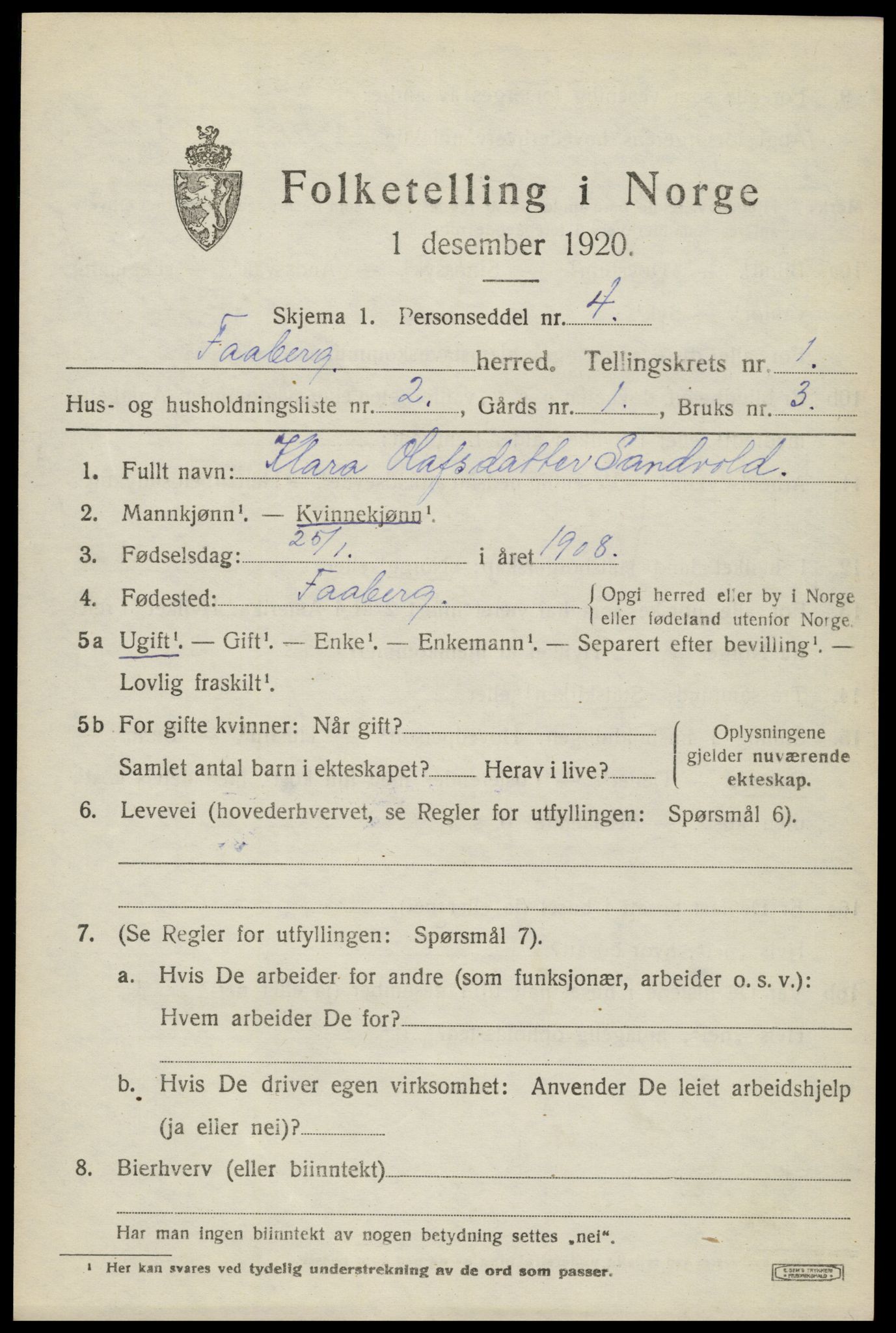 SAH, 1920 census for Fåberg, 1920, p. 2250