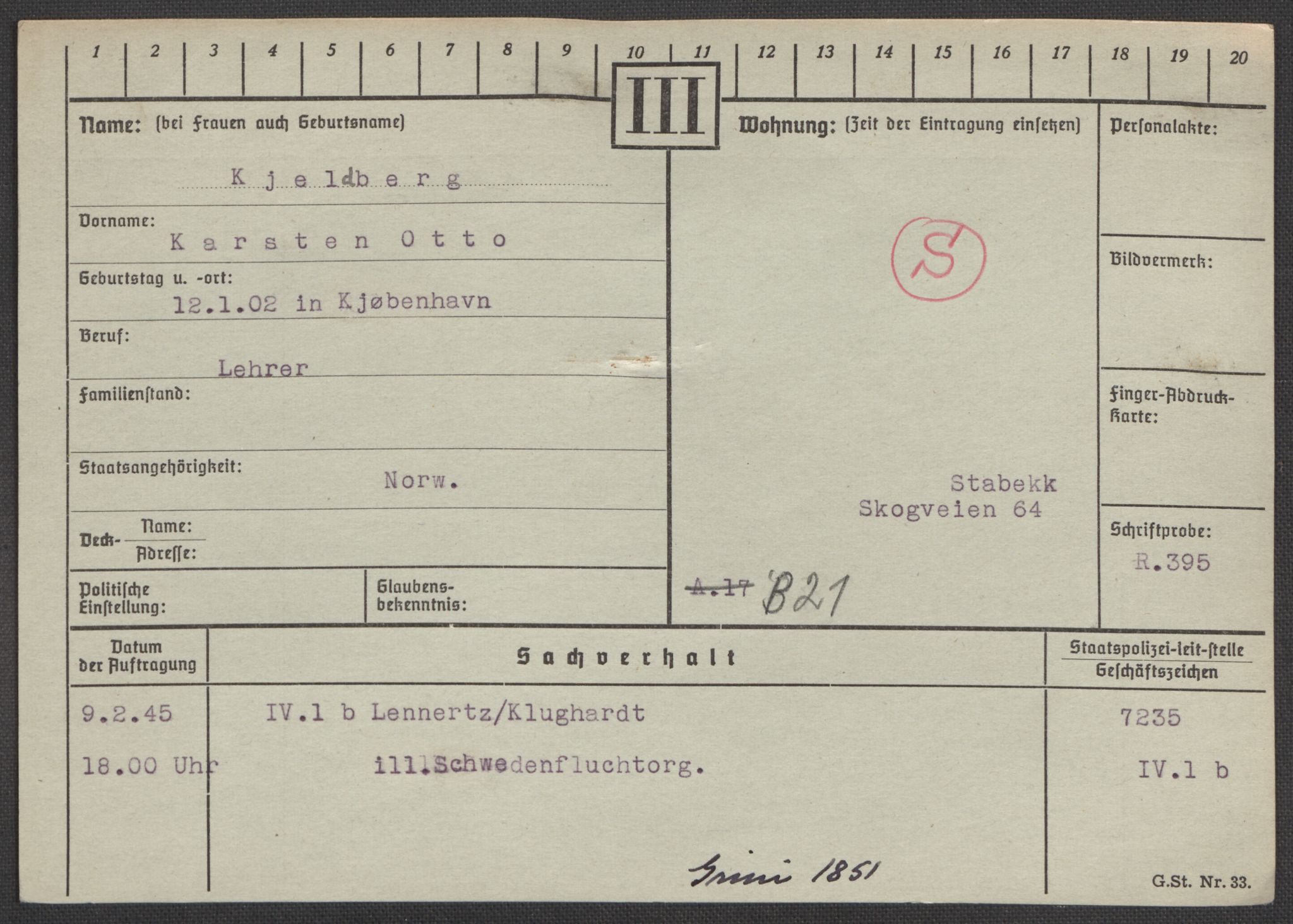 Befehlshaber der Sicherheitspolizei und des SD, RA/RAFA-5969/E/Ea/Eaa/L0005: Register over norske fanger i Møllergata 19: Hø-Kj, 1940-1945, p. 1393