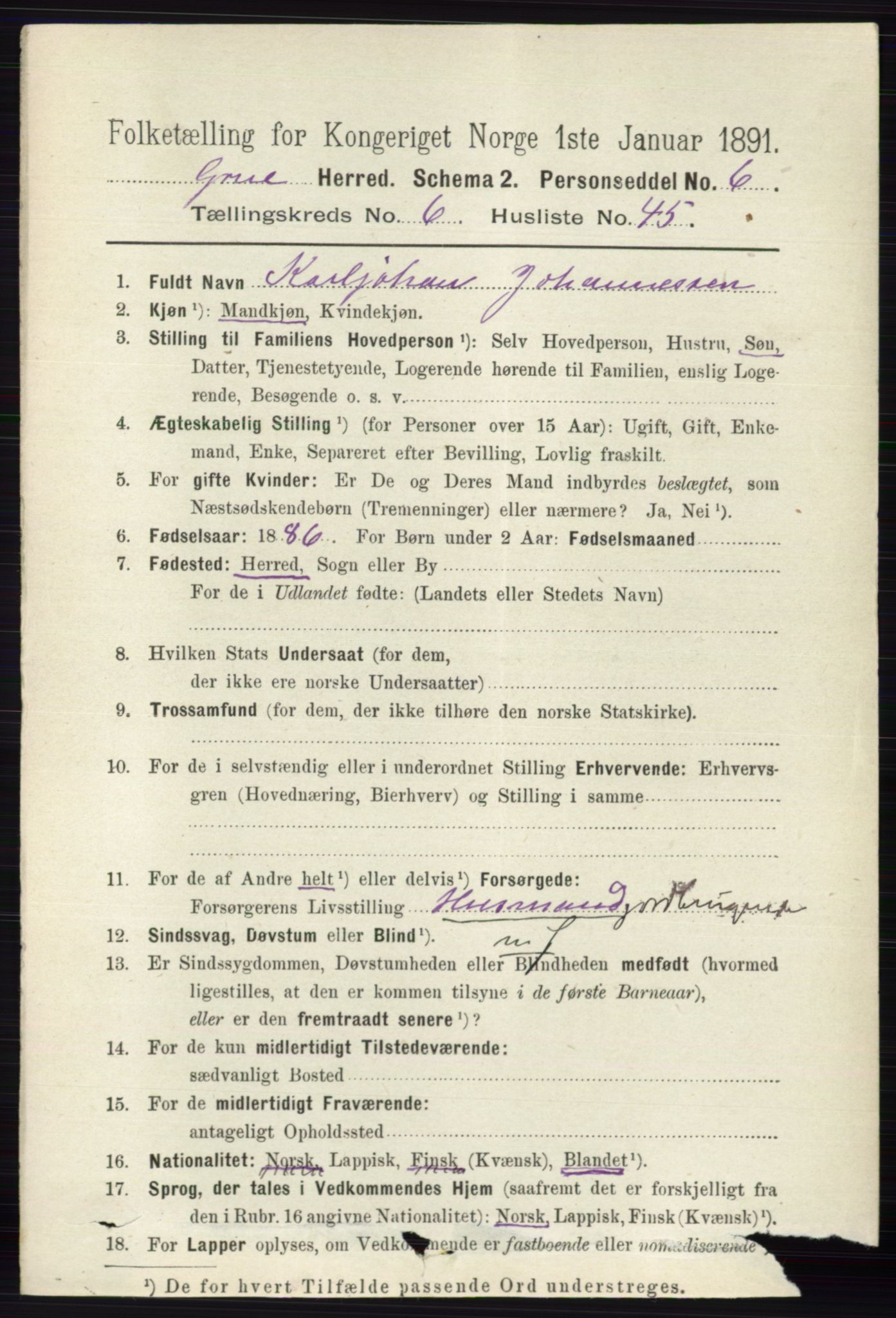 RA, 1891 census for 0423 Grue, 1891, p. 3445