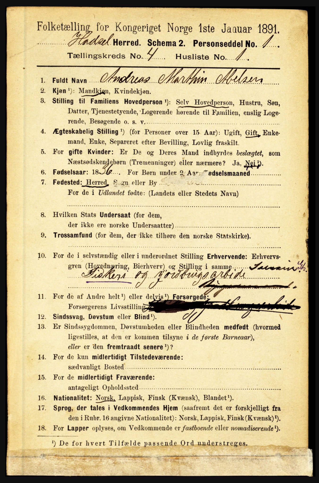 RA, 1891 census for 1866 Hadsel, 1891, p. 1709