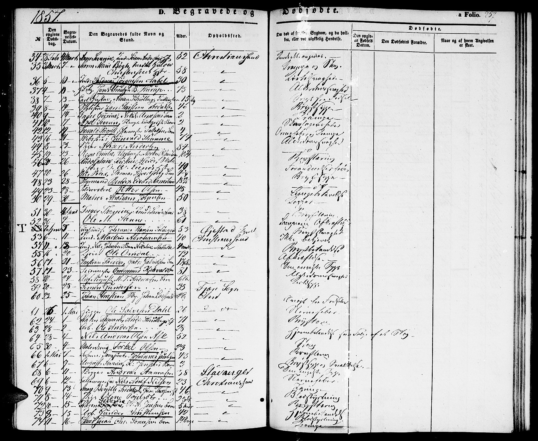 Kristiansand domprosti, AV/SAK-1112-0006/F/Fb/L0011: Parish register (copy) no. B 11, 1851-1861, p. 257