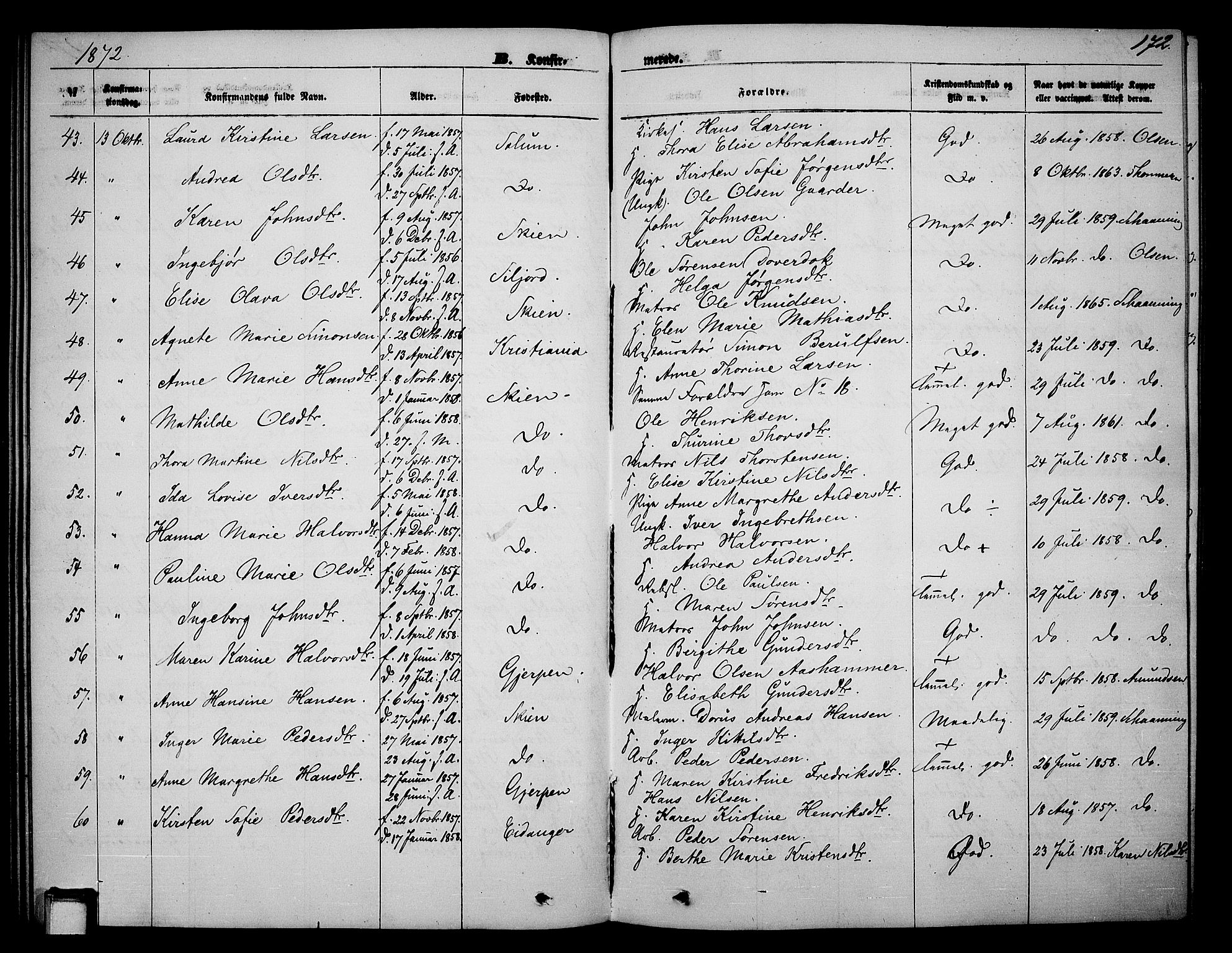 Skien kirkebøker, SAKO/A-302/G/Ga/L0005: Parish register (copy) no. 5, 1868-1880, p. 172