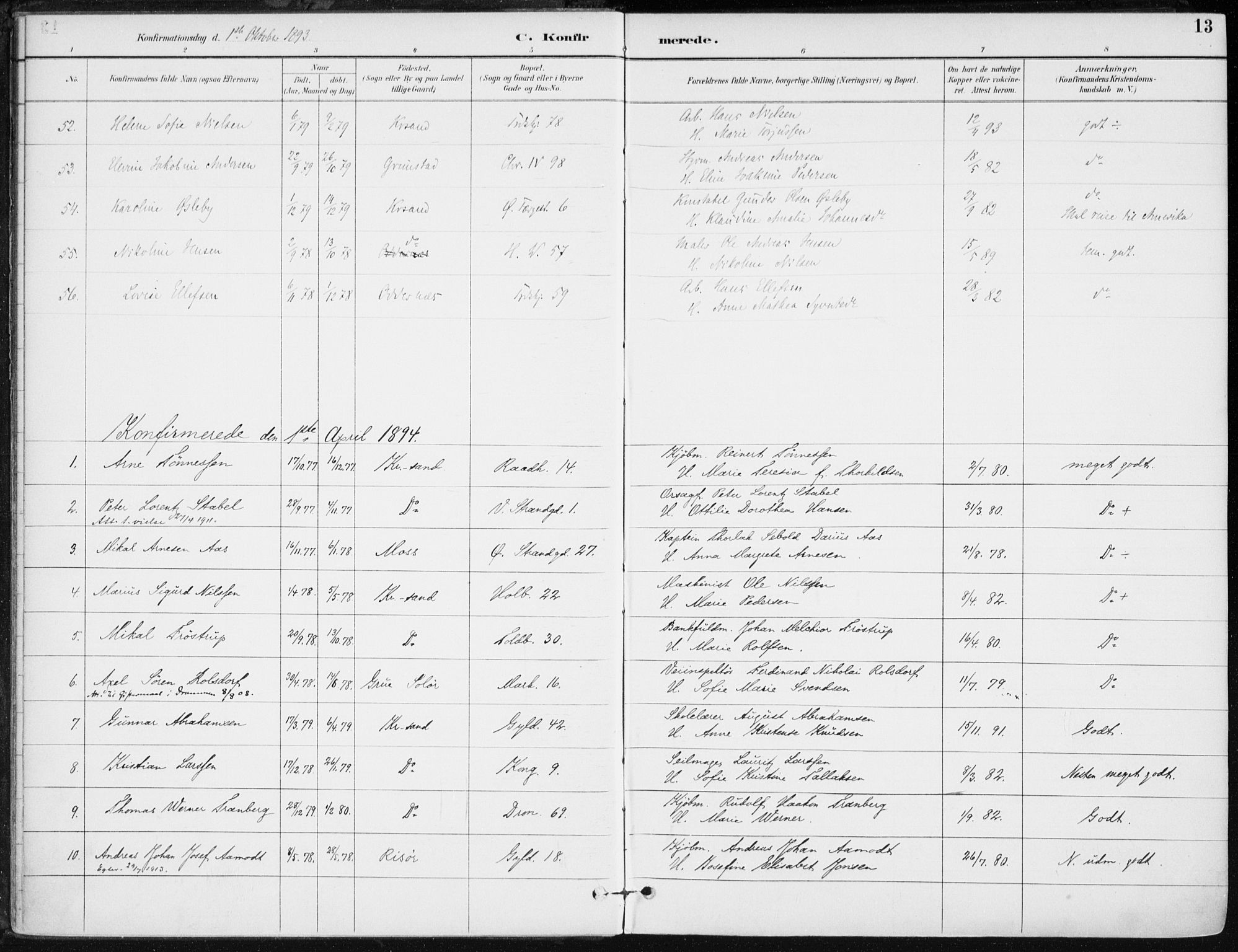 Kristiansand domprosti, SAK/1112-0006/F/Fa/L0020: Parish register (official) no. A 19, 1893-1904, p. 13