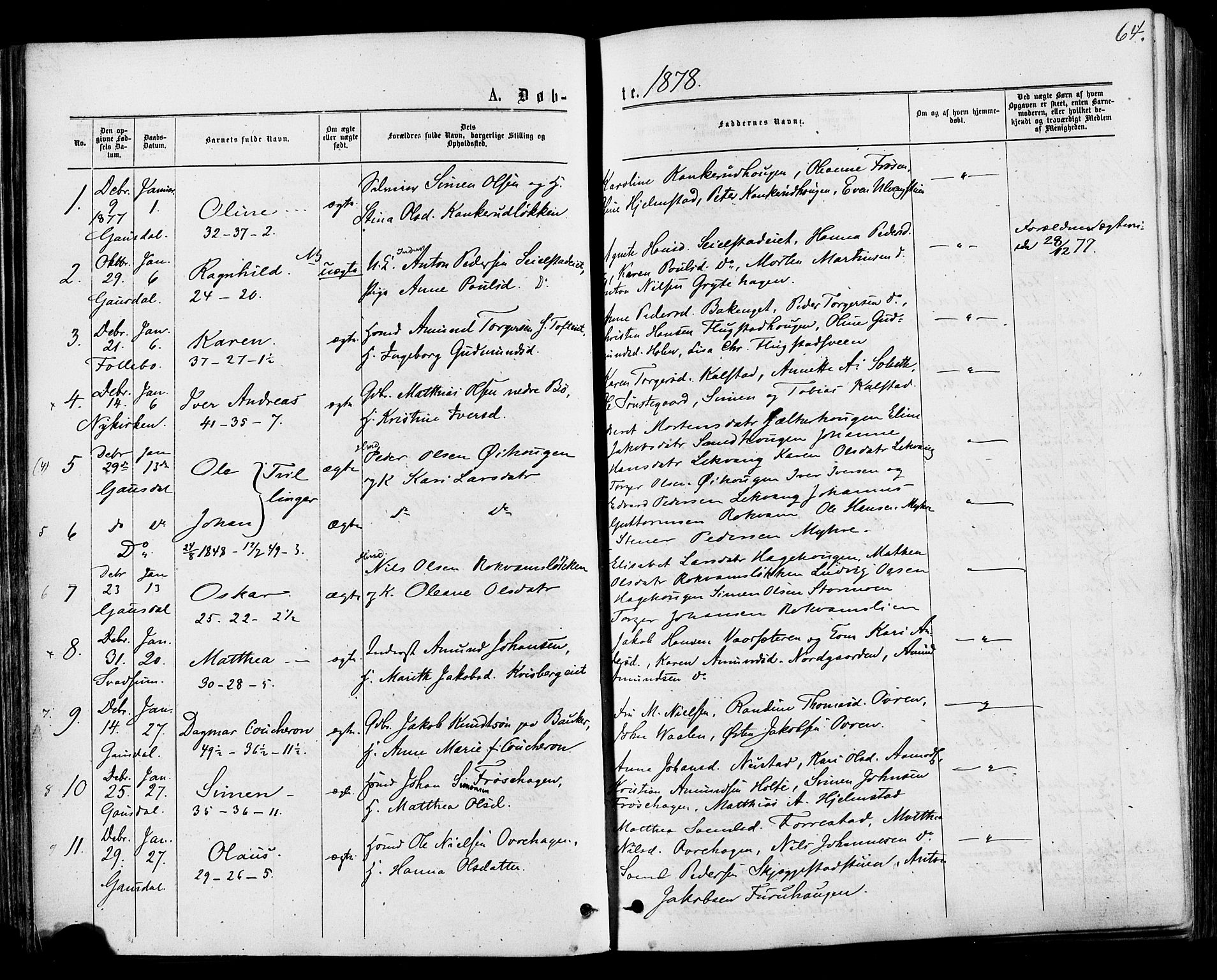 Østre Gausdal prestekontor, AV/SAH-PREST-092/H/Ha/Haa/L0001: Parish register (official) no. 1, 1874-1886, p. 64