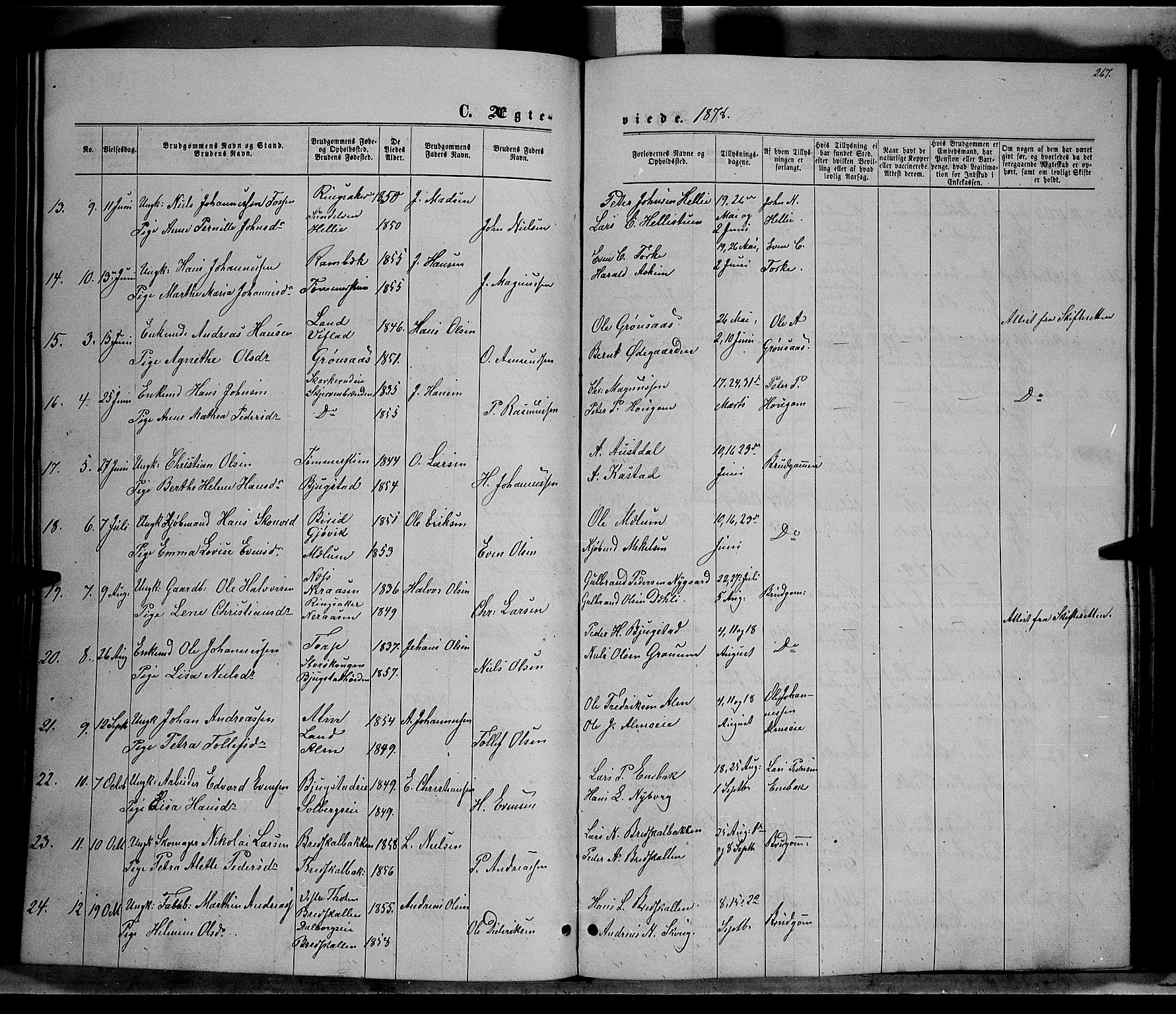 Vardal prestekontor, SAH/PREST-100/H/Ha/Hab/L0006: Parish register (copy) no. 6, 1869-1881, p. 267