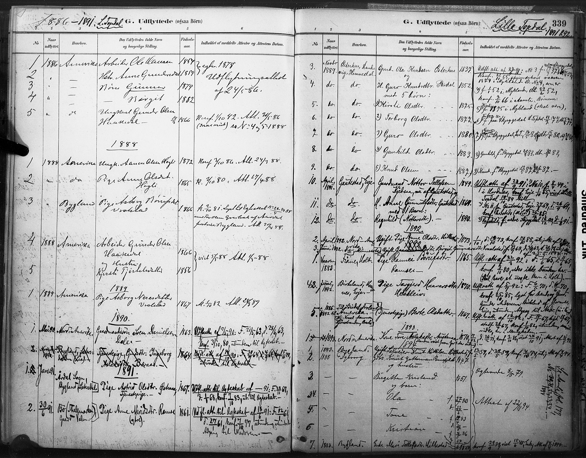 Åmli sokneprestkontor, SAK/1111-0050/F/Fa/Fac/L0010: Parish register (official) no. A 10 /3, 1885-1899, p. 339