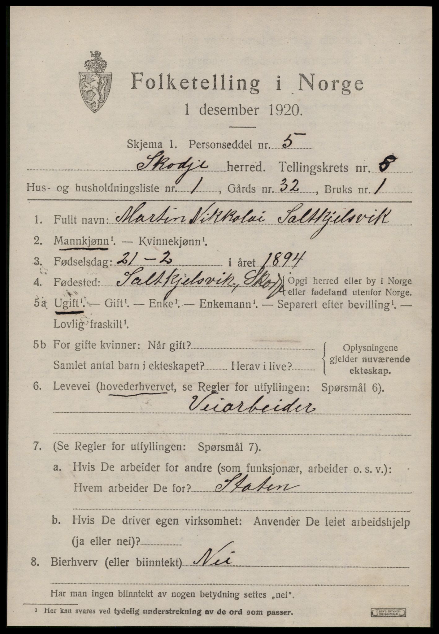 SAT, 1920 census for Skodje, 1920, p. 3475