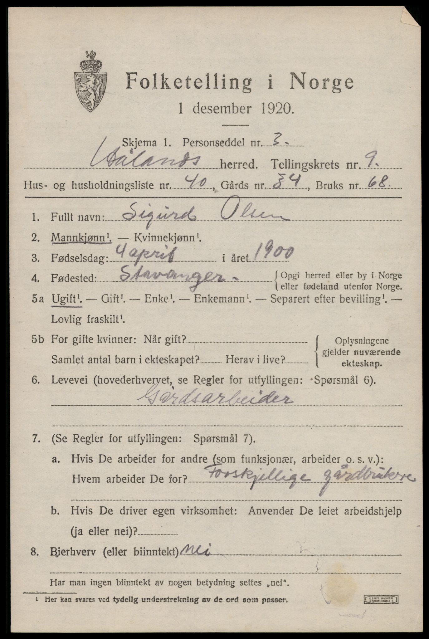 SAST, 1920 census for Håland, 1920, p. 7405