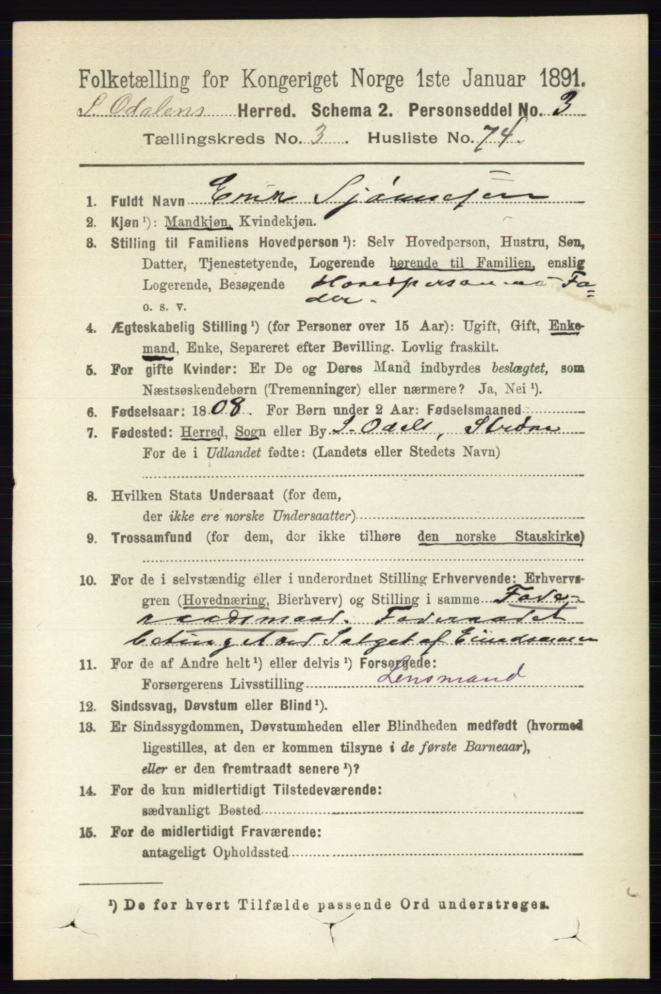 RA, 1891 census for 0419 Sør-Odal, 1891, p. 1639