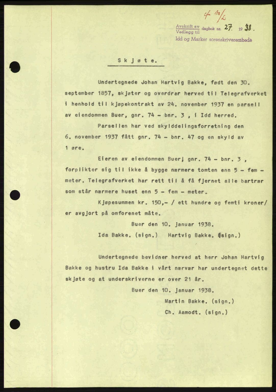 Idd og Marker sorenskriveri, AV/SAO-A-10283/G/Gb/Gbb/L0002: Mortgage book no. A2, 1937-1938, Diary no: : 27/1938