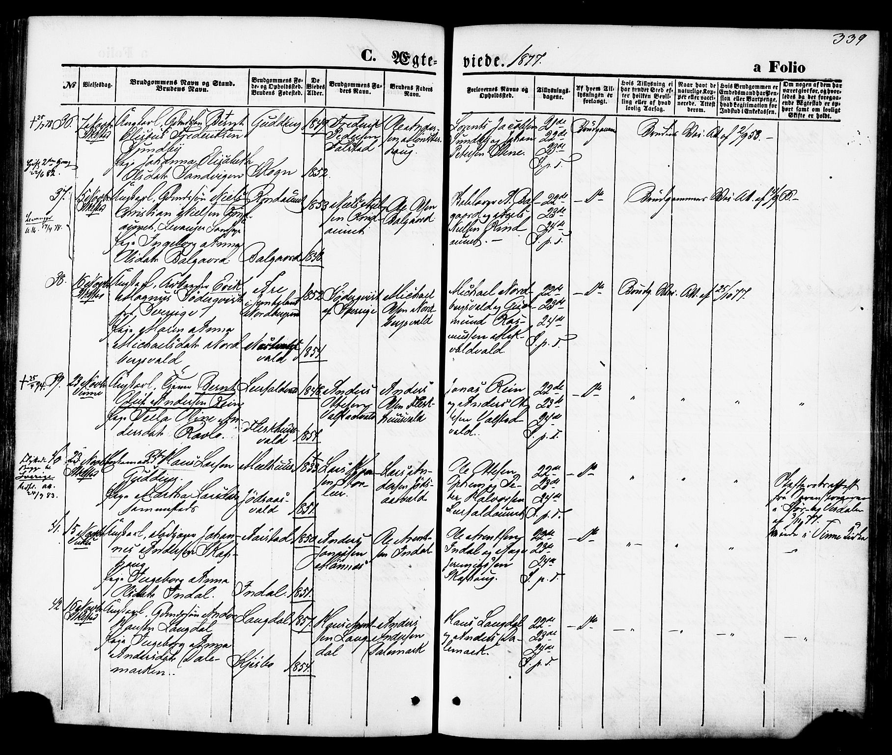 Ministerialprotokoller, klokkerbøker og fødselsregistre - Nord-Trøndelag, AV/SAT-A-1458/723/L0242: Parish register (official) no. 723A11, 1870-1880, p. 339