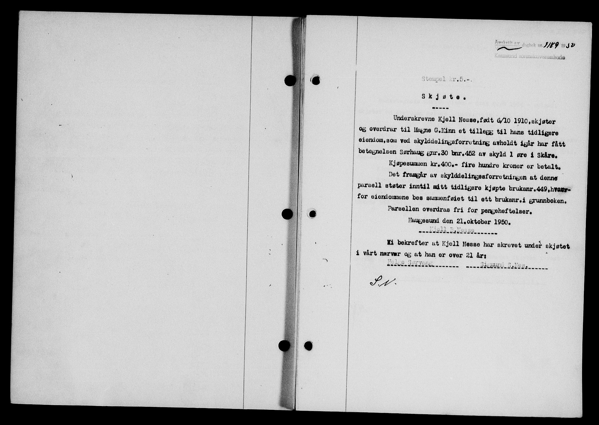 Karmsund sorenskriveri, SAST/A-100311/01/II/IIB/L0101: Mortgage book no. 81A, 1950-1951, Diary no: : 3189/1950