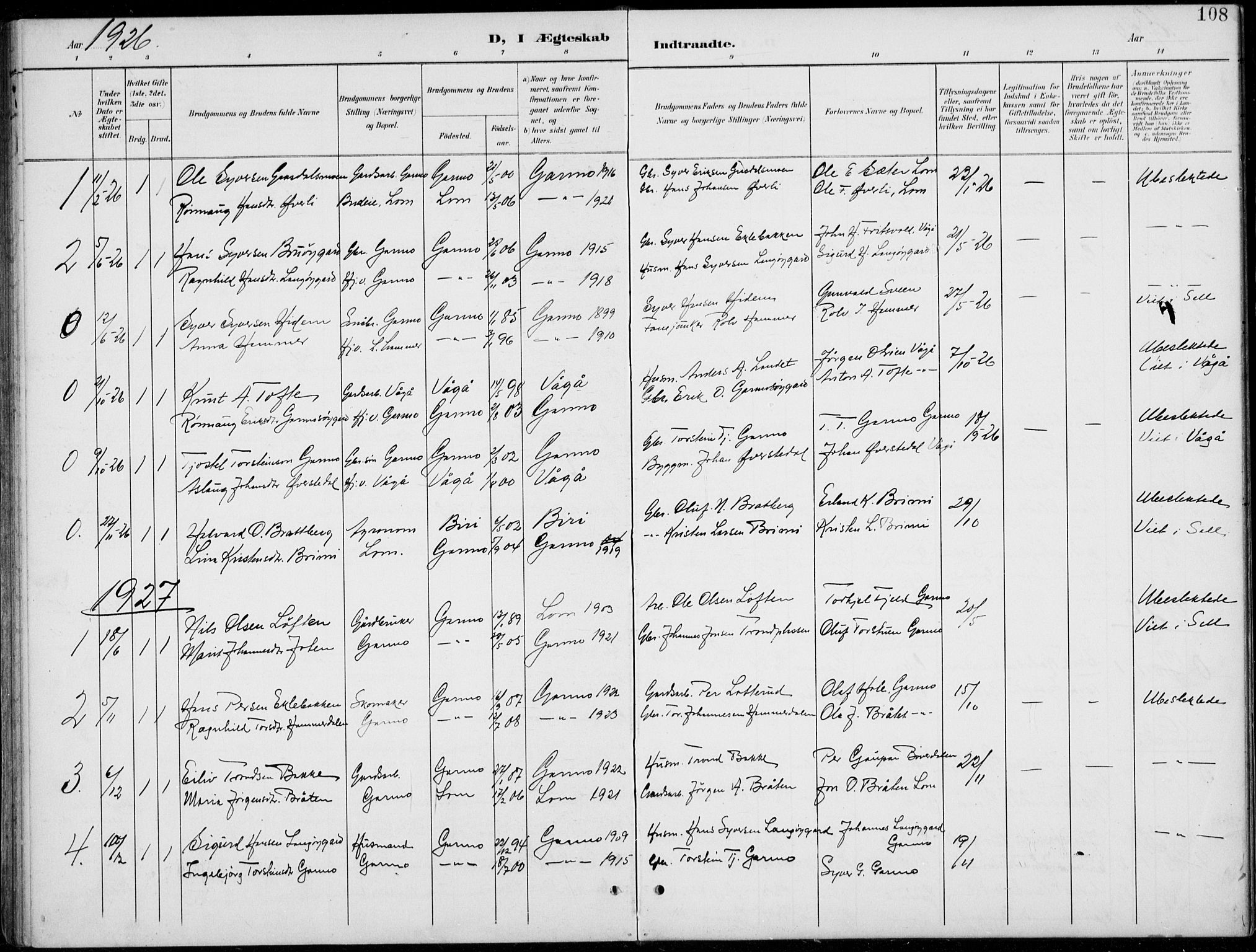 Lom prestekontor, AV/SAH-PREST-070/L/L0006: Parish register (copy) no. 6, 1901-1939, p. 108