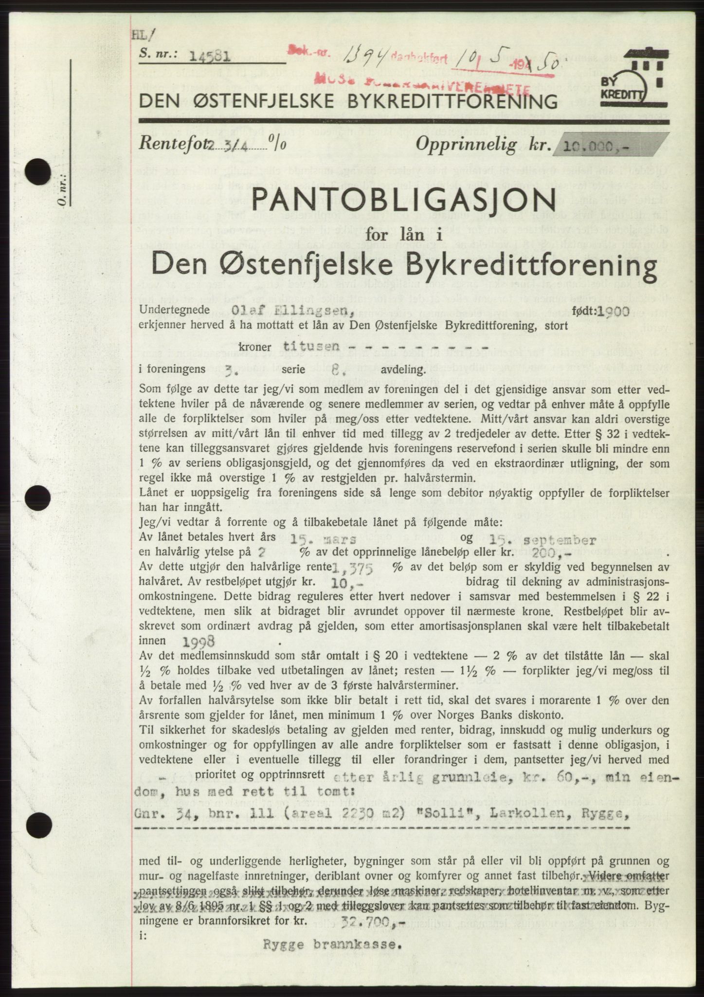 Moss sorenskriveri, AV/SAO-A-10168: Mortgage book no. B24, 1950-1950, Diary no: : 1394/1950