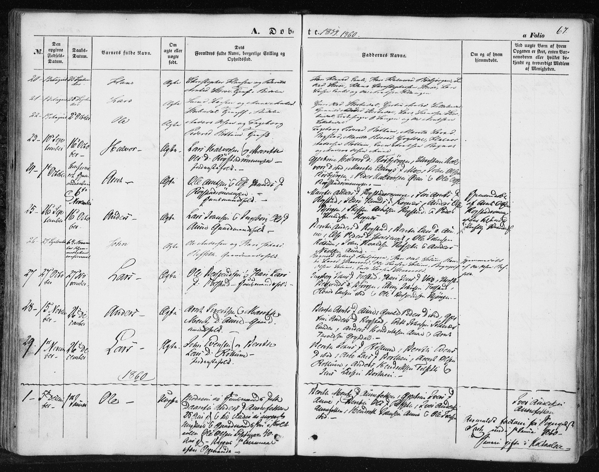 Ministerialprotokoller, klokkerbøker og fødselsregistre - Sør-Trøndelag, SAT/A-1456/687/L1000: Parish register (official) no. 687A06, 1848-1869, p. 67