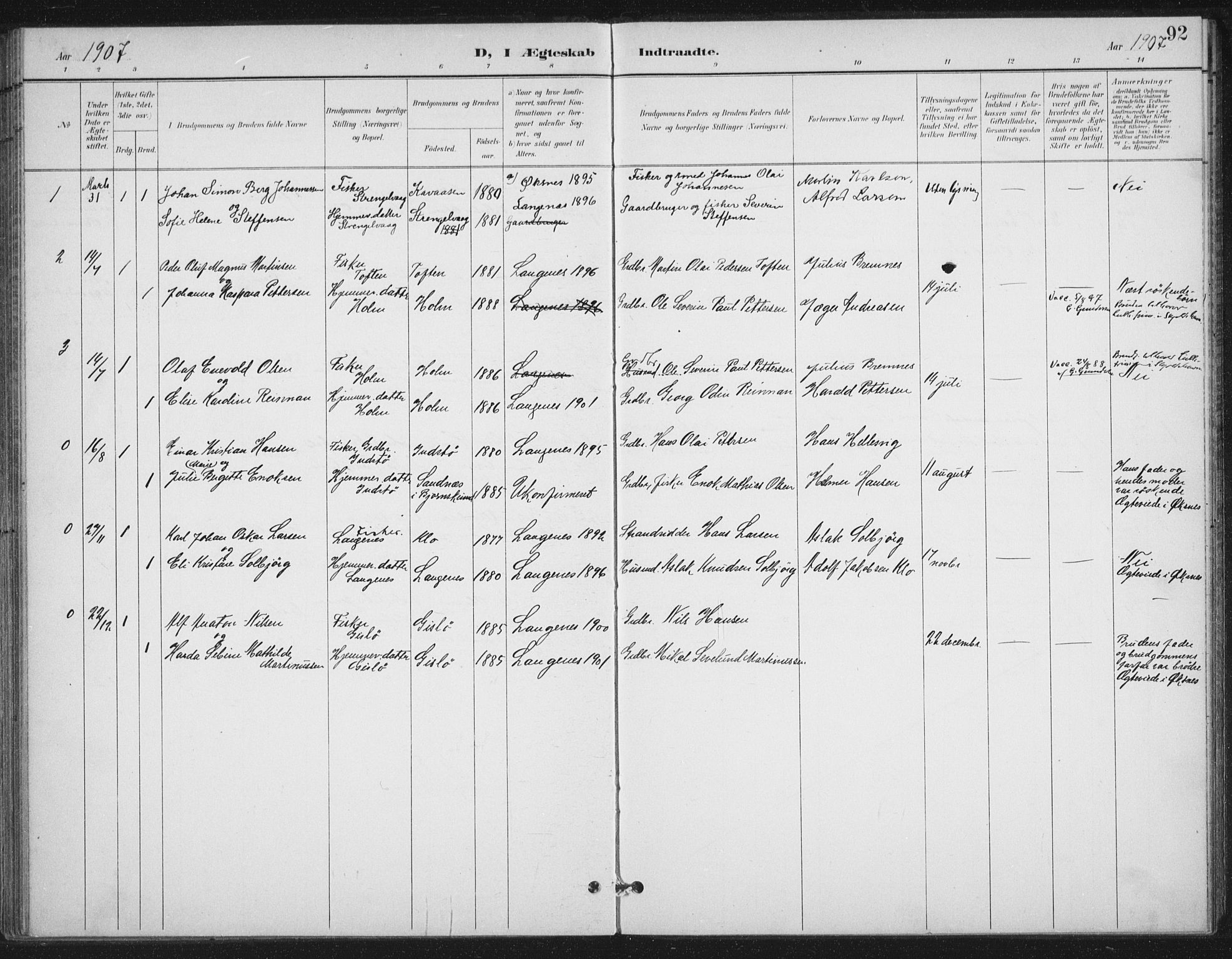 Ministerialprotokoller, klokkerbøker og fødselsregistre - Nordland, SAT/A-1459/894/L1356: Parish register (official) no. 894A02, 1897-1914, p. 92