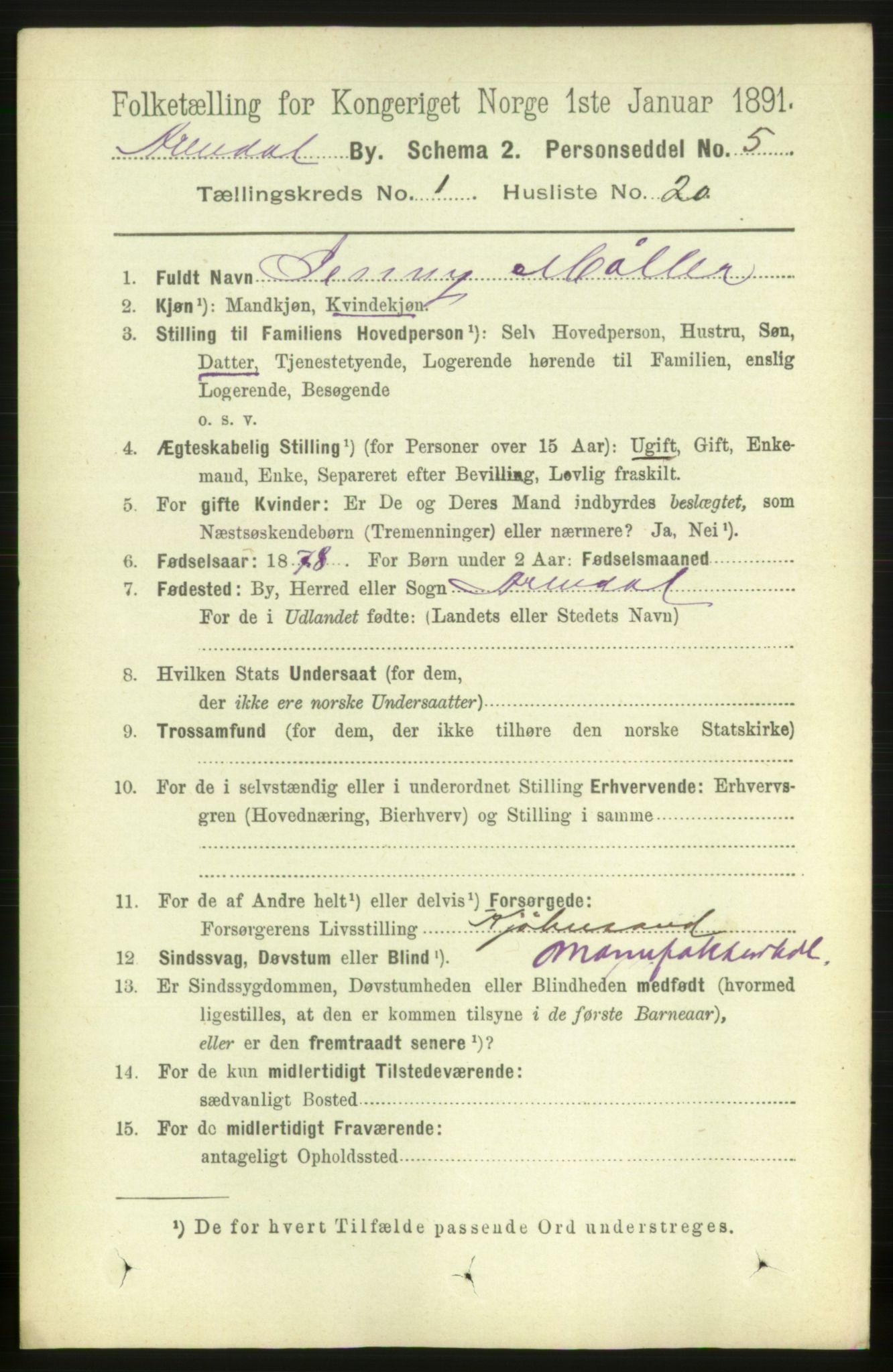 RA, 1891 census for 0903 Arendal, 1891, p. 1203