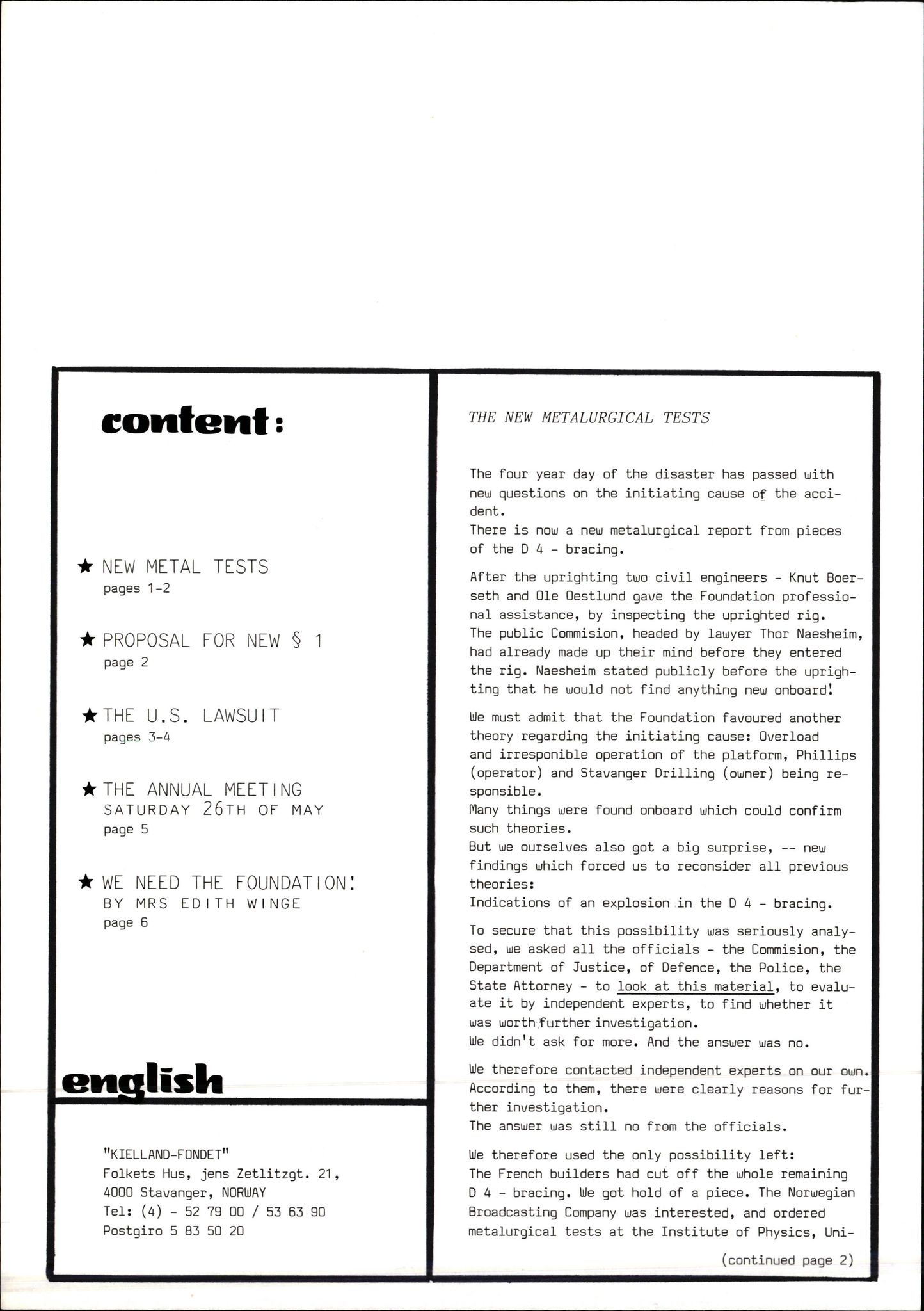 Pa 1660 - Kielland- fondet, AV/SAST-A-102242/X/Xa/L0001: Rapport til overlevende og etterlatte/ Kielland Bulletin, 1980-1998