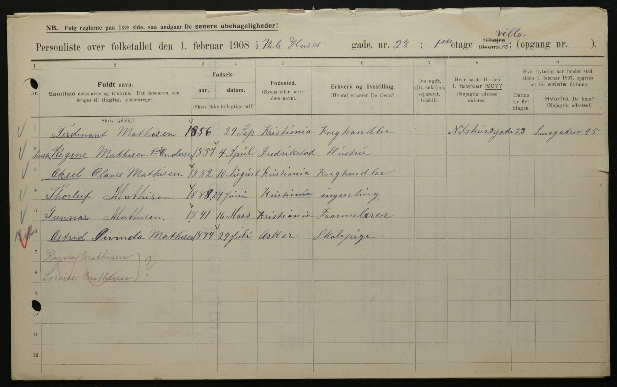 OBA, Municipal Census 1908 for Kristiania, 1908, p. 63813