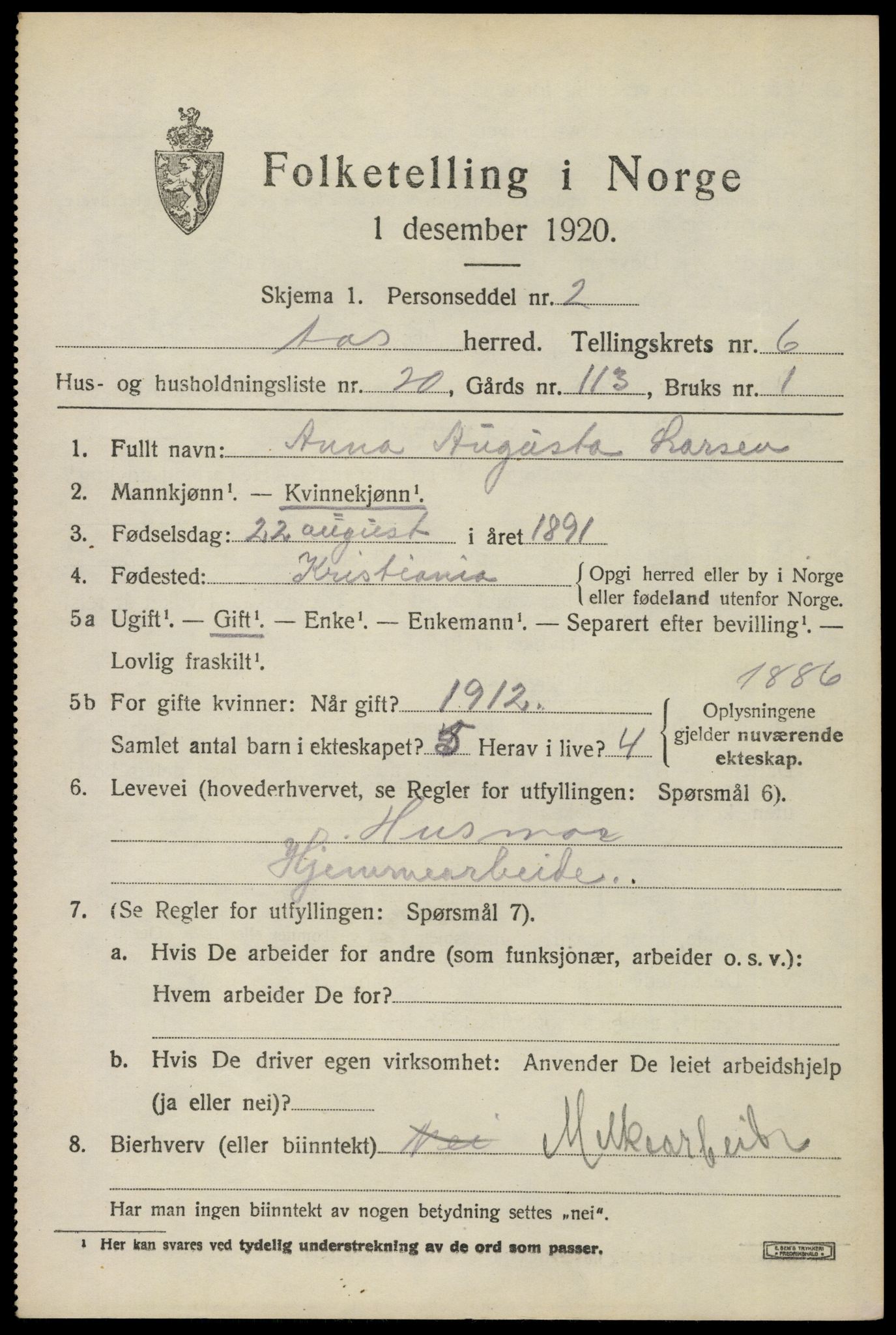 SAO, 1920 census for Ås, 1920, p. 7050