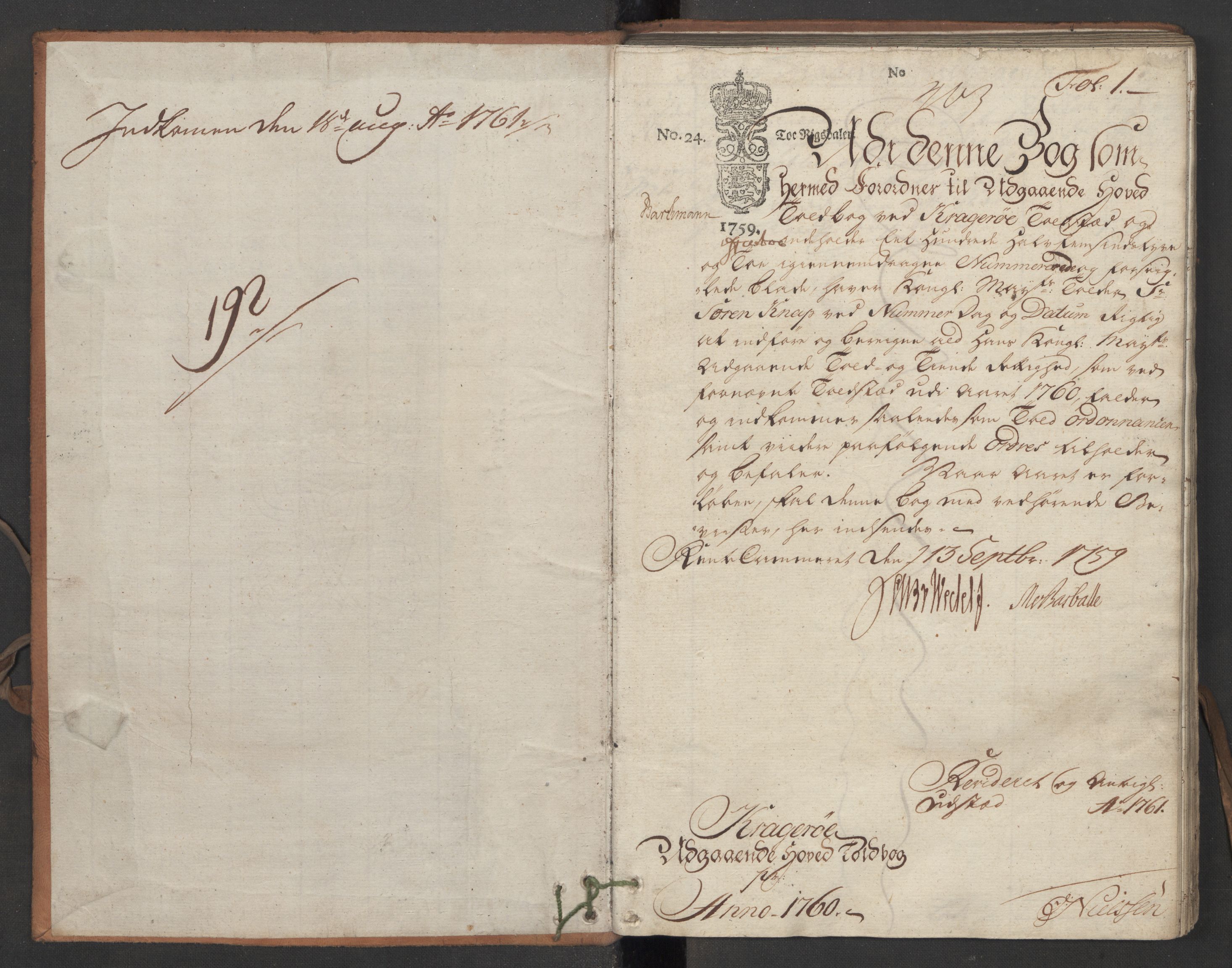 Generaltollkammeret, tollregnskaper, AV/RA-EA-5490/R13/L0029/0001: Tollregnskaper Kragerø / Utgående hovedtollbok, 1760, p. 1a