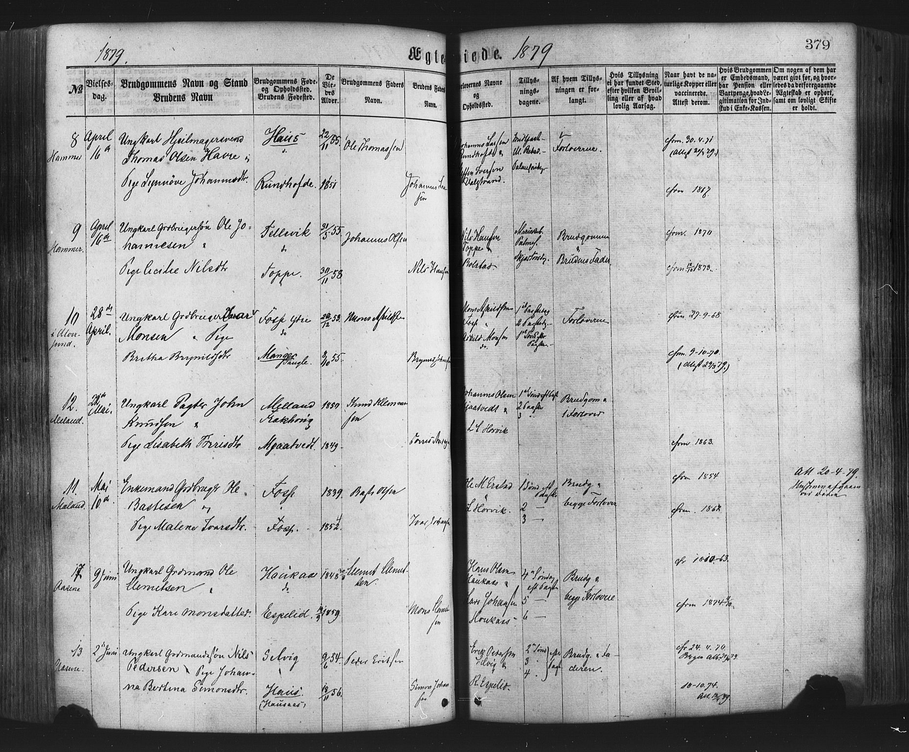 Hamre sokneprestembete, AV/SAB-A-75501/H/Ha/Haa/Haaa/L0015: Parish register (official) no. A 15, 1870-1881, p. 379