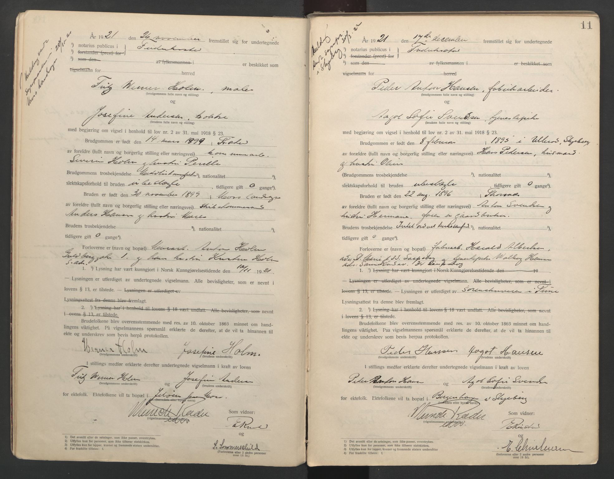 Fredrikstad byfogd, AV/SAO-A-10473a/L/Lc/L0001: Vigselsbok, 1920-1937, p. 11