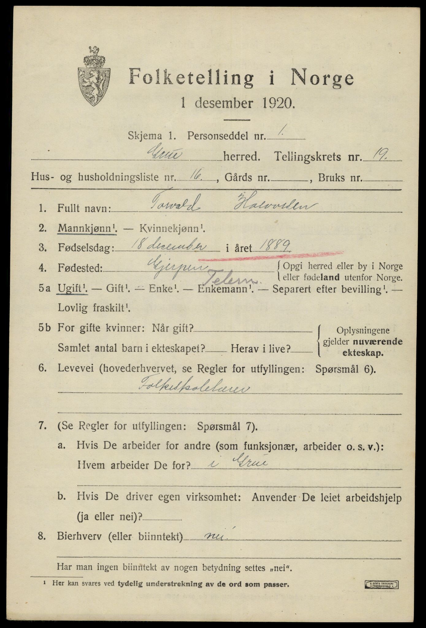 SAH, 1920 census for Grue, 1920, p. 14927