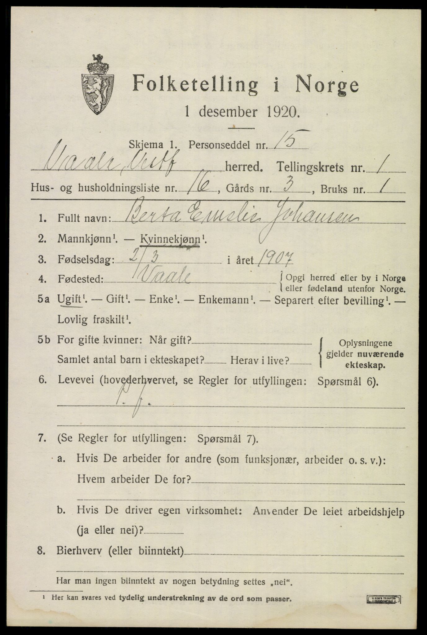 SAKO, 1920 census for Våle, 1920, p. 1262