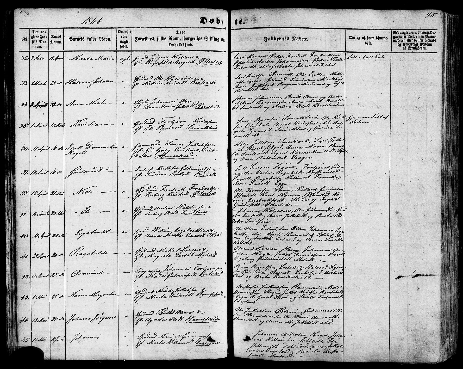 Skjold sokneprestkontor, AV/SAST-A-101847/H/Ha/Haa/L0008: Parish register (official) no. A 8, 1856-1882, p. 45