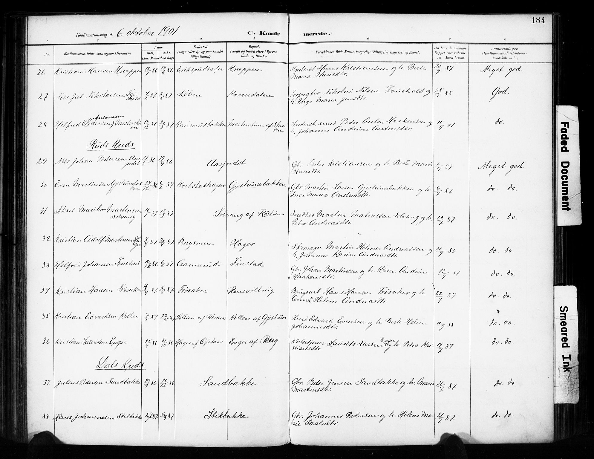 Vestre Toten prestekontor, SAH/PREST-108/H/Ha/Haa/L0011: Parish register (official) no. 11, 1895-1906, p. 184