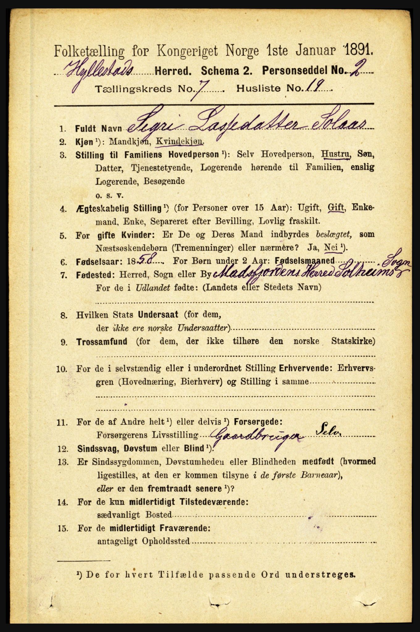 RA, 1891 census for 1413 Hyllestad, 1891, p. 1273