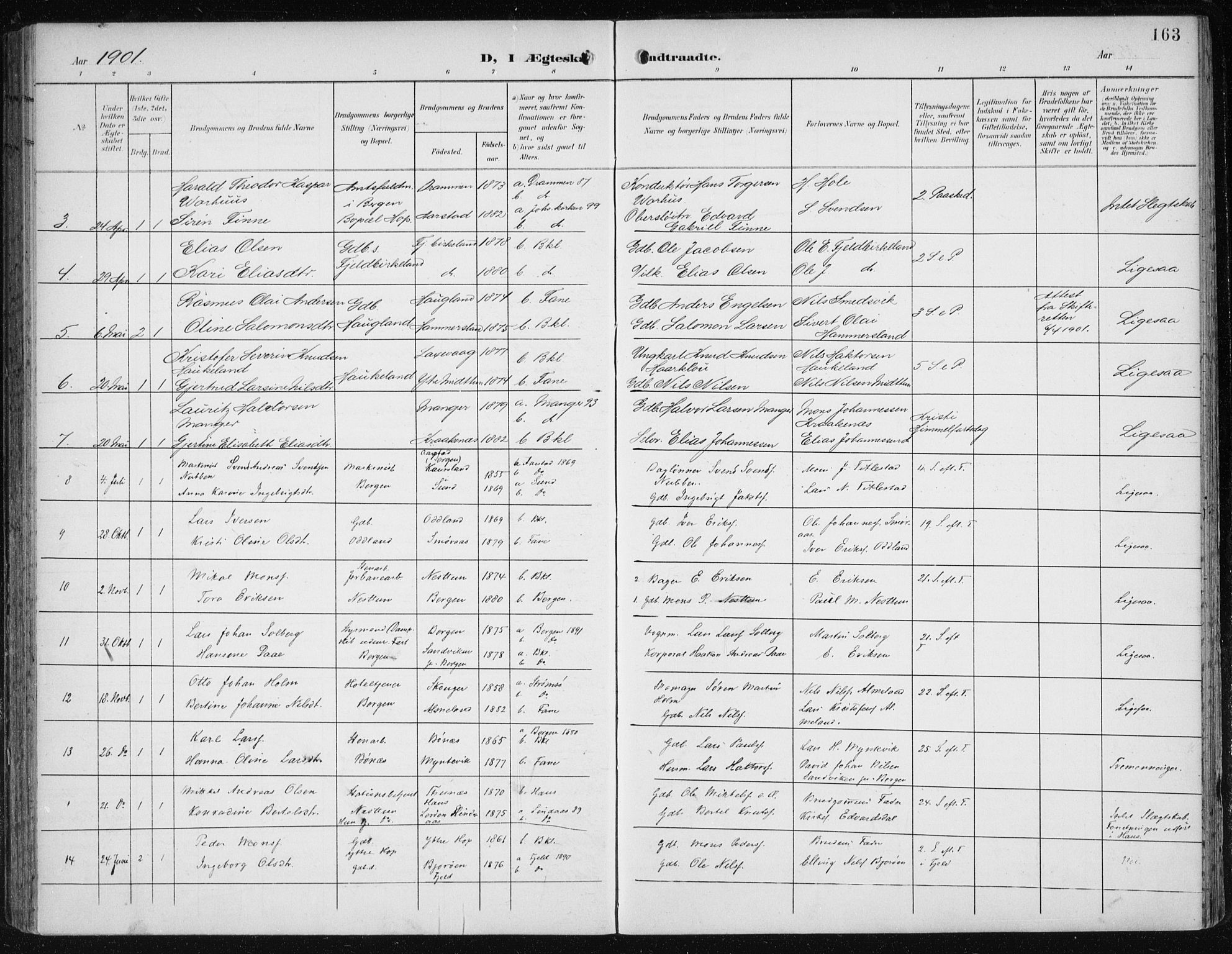 Fana Sokneprestembete, SAB/A-75101/H/Haa/Haai/L0003: Parish register (official) no. I 3, 1900-1912, p. 163