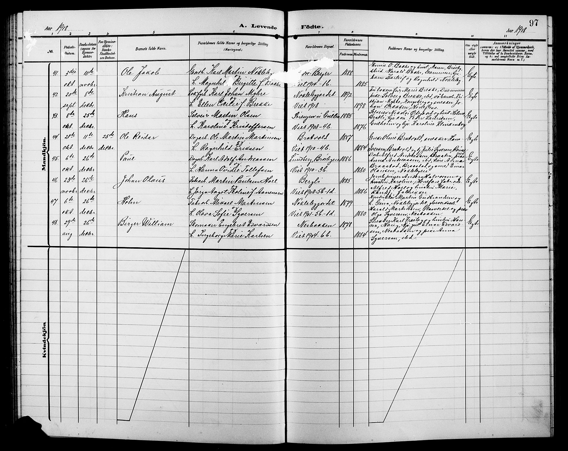 Jevnaker prestekontor, AV/SAH-PREST-116/H/Ha/Hab/L0004: Parish register (copy) no. 4, 1907-1918, p. 97