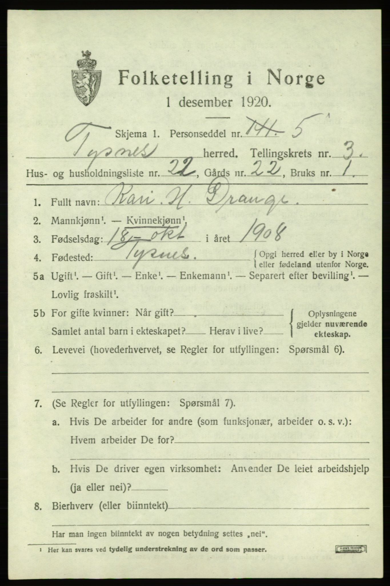 SAB, 1920 census for Tysnes, 1920, p. 3122